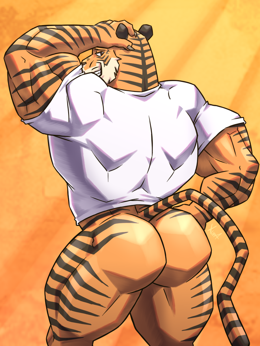 3:4 anthro ass beastars big_muscles bill_(beastars) bottomless bottomless_male claws clothed clothing embarrassed felid fur hand_on_head hand_on_hip hi_res male mammal muscular muscular_male orange_background pantherine pose shirt simple_background smile solo striped_body striped_fur stripes t-shirt tiger topwear xun4