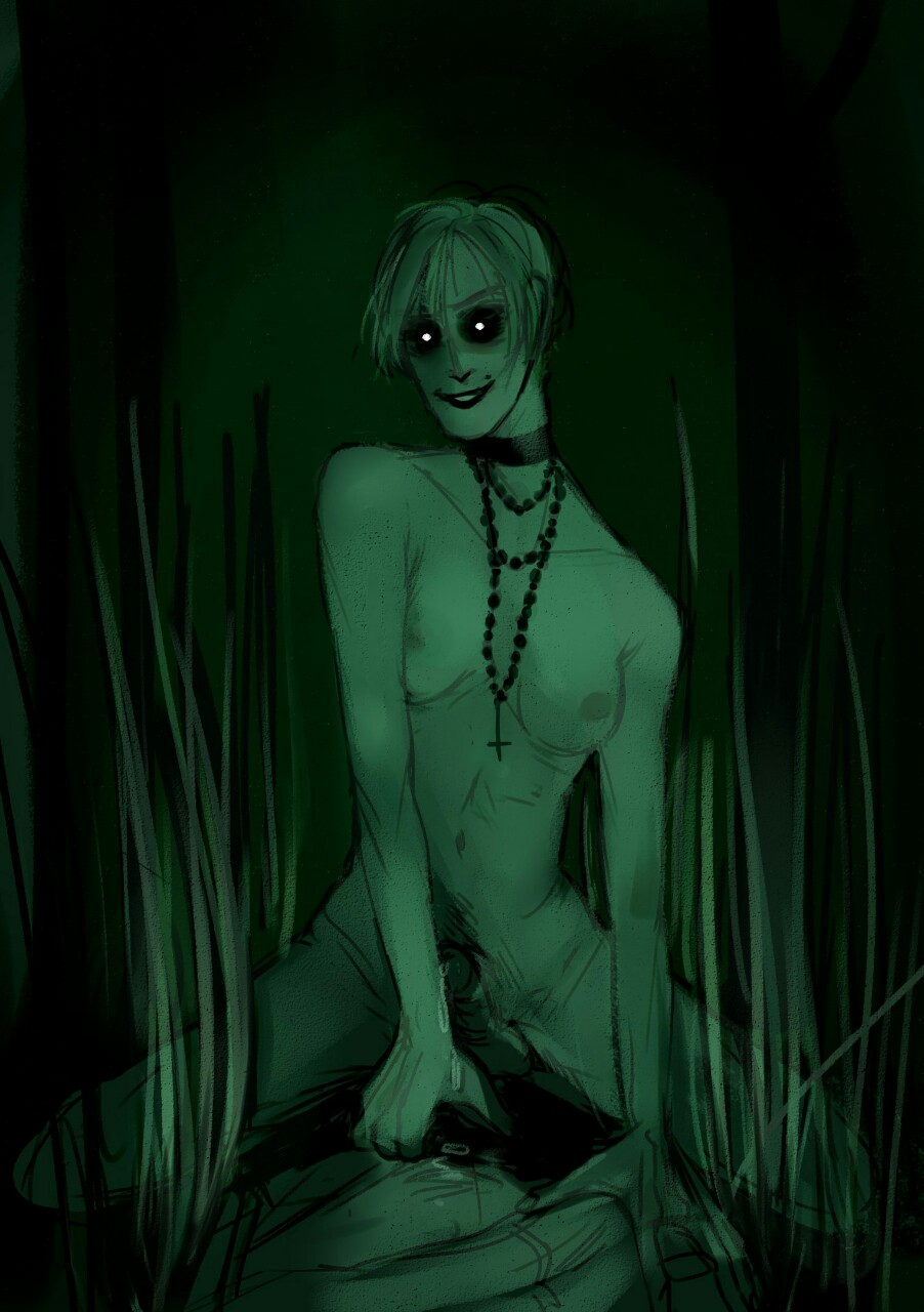 1boy, 1futa, blake langermann, breasts, female, futanari, glowing eyes, implied rape, intersex, male, male pov, night vision, nonbinary, nude, nude female, nude futa, outlast, outlast 2, red barrels, reverse cowgirl position, reverse rape, short hair, skinny futa, transgender woman, val (outlast)