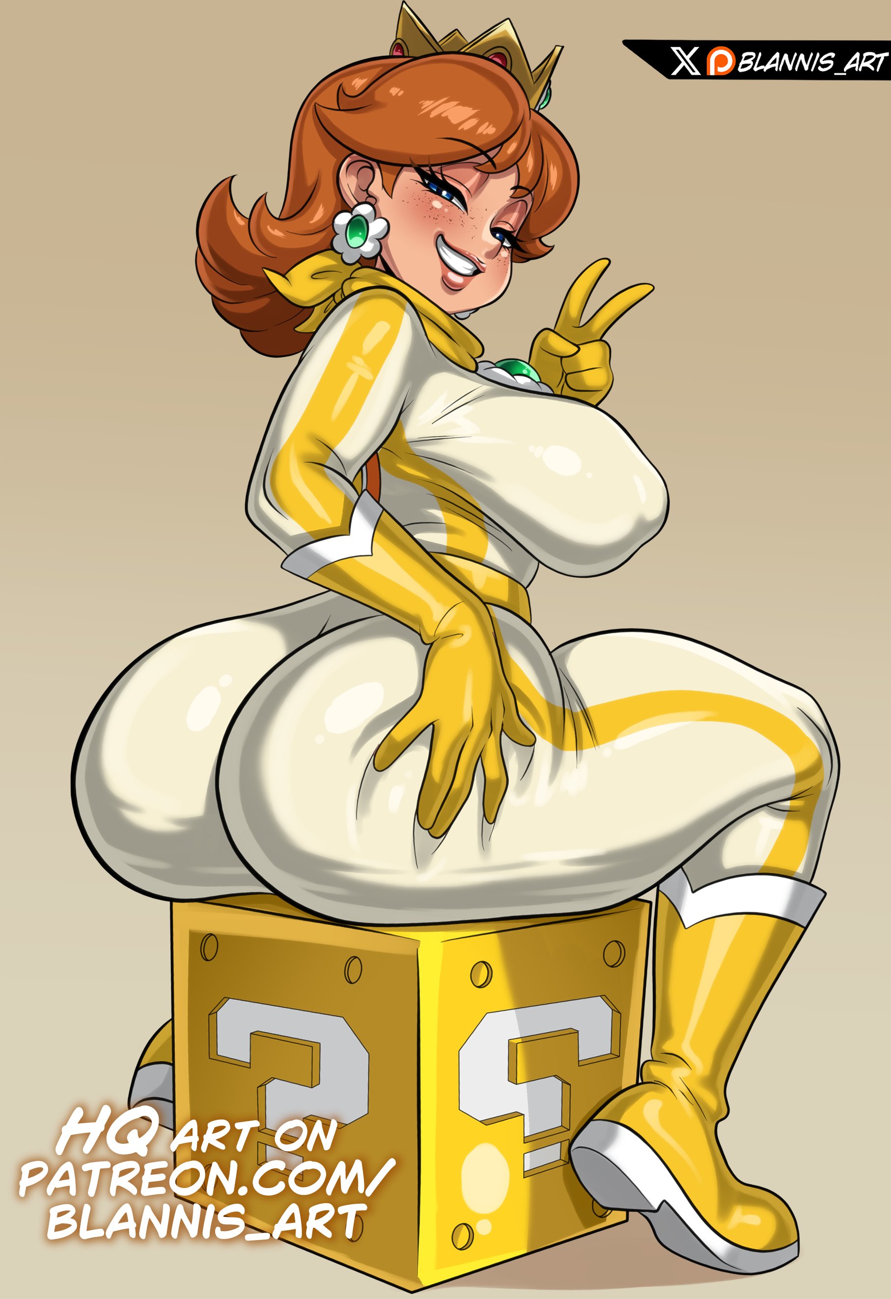 1girls, ass, biker clothes, blannis art, bodysuit, breasts, female, female only, jpeg, large ass, large breasts, looking at viewer, looking pleasured, mario (series), mario kart, nintendo, princess daisy, princess daisy (aero), question block, rubber, rubber clothing, rubber gloves, solo, super mario bros., thick thighs, thighs, wide hips, yellow bodysuit, yellow clothing, yellow rubber