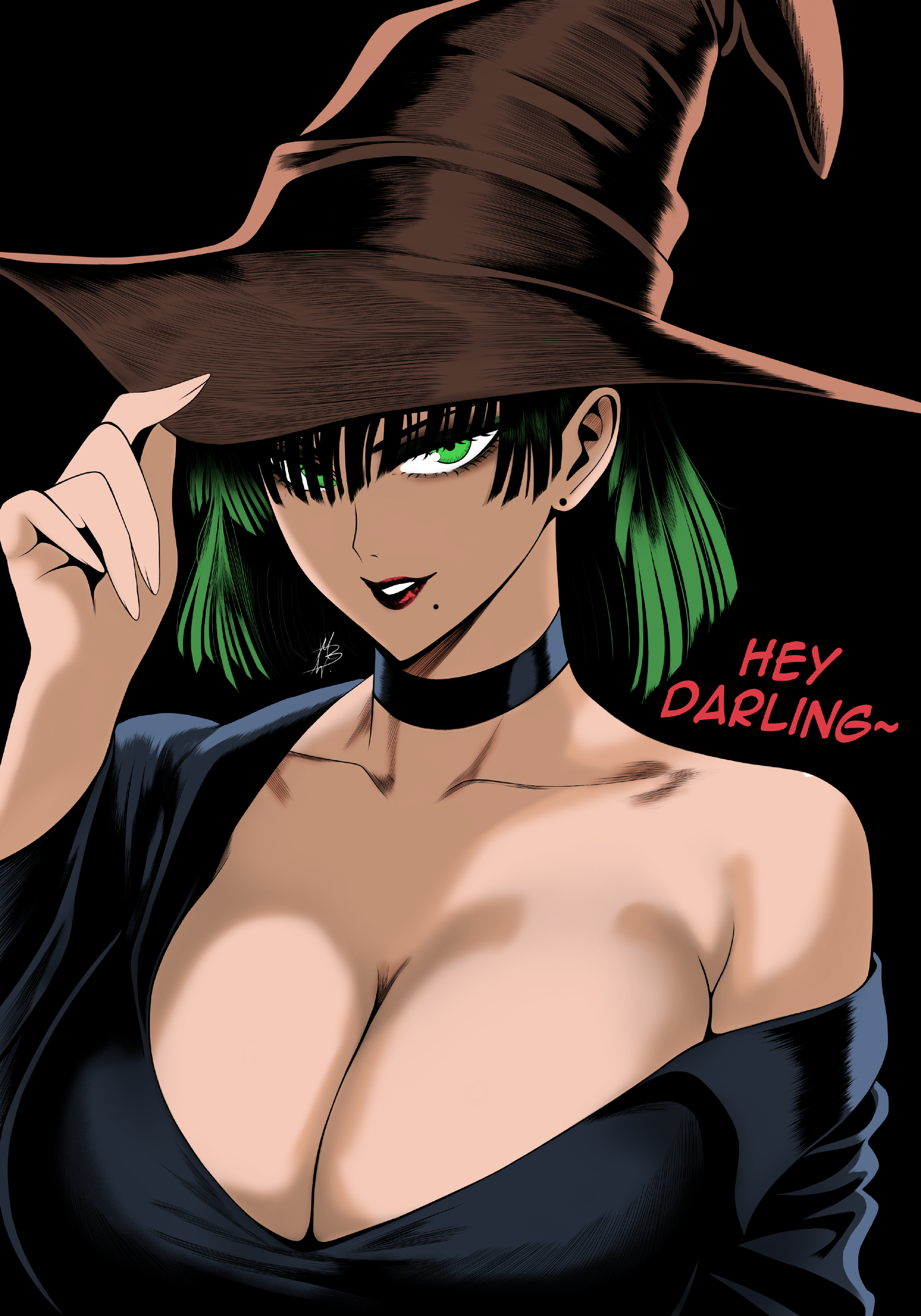 1girls, big breasts, bob cut, breasts, cleavage, color, color edit, colored, colored sketch, coloring, colorshun, female, fubuki (one-punch man), green eyes, green hair, large breasts, looking at viewer, mostlybluewyatt, one-punch man, red lipstick, short hair