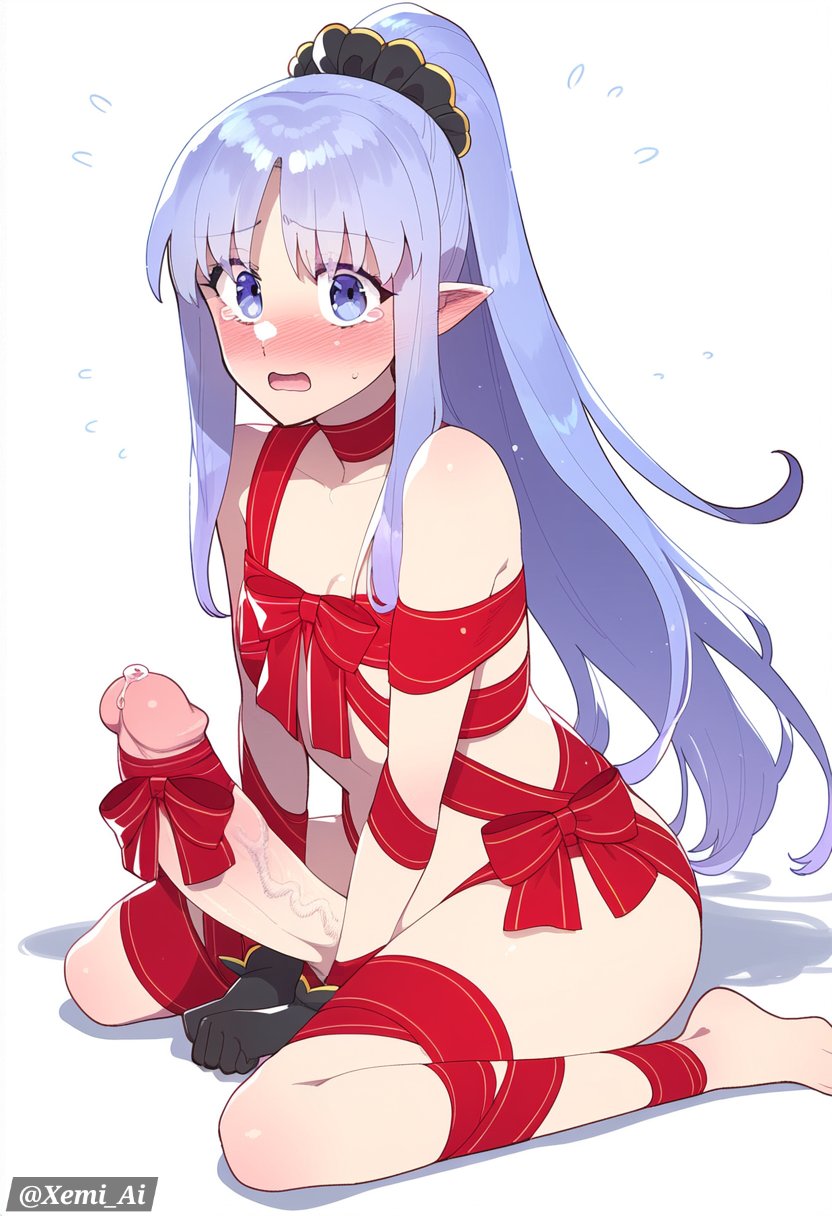 ai_generated big_penis blush blush bondage elf_ears embarrassed fate/grand_order fate_(series) futanari gift gift_wrapped gloves long_hair looking_at_viewer medea_(fate) medea_(lily) naked nude open_mouth penis ponytail precum purple_eyes purple_hair ribbon_bondage ribbons sitting_on_floor text veiny_penis watermark white_background xemi_ai