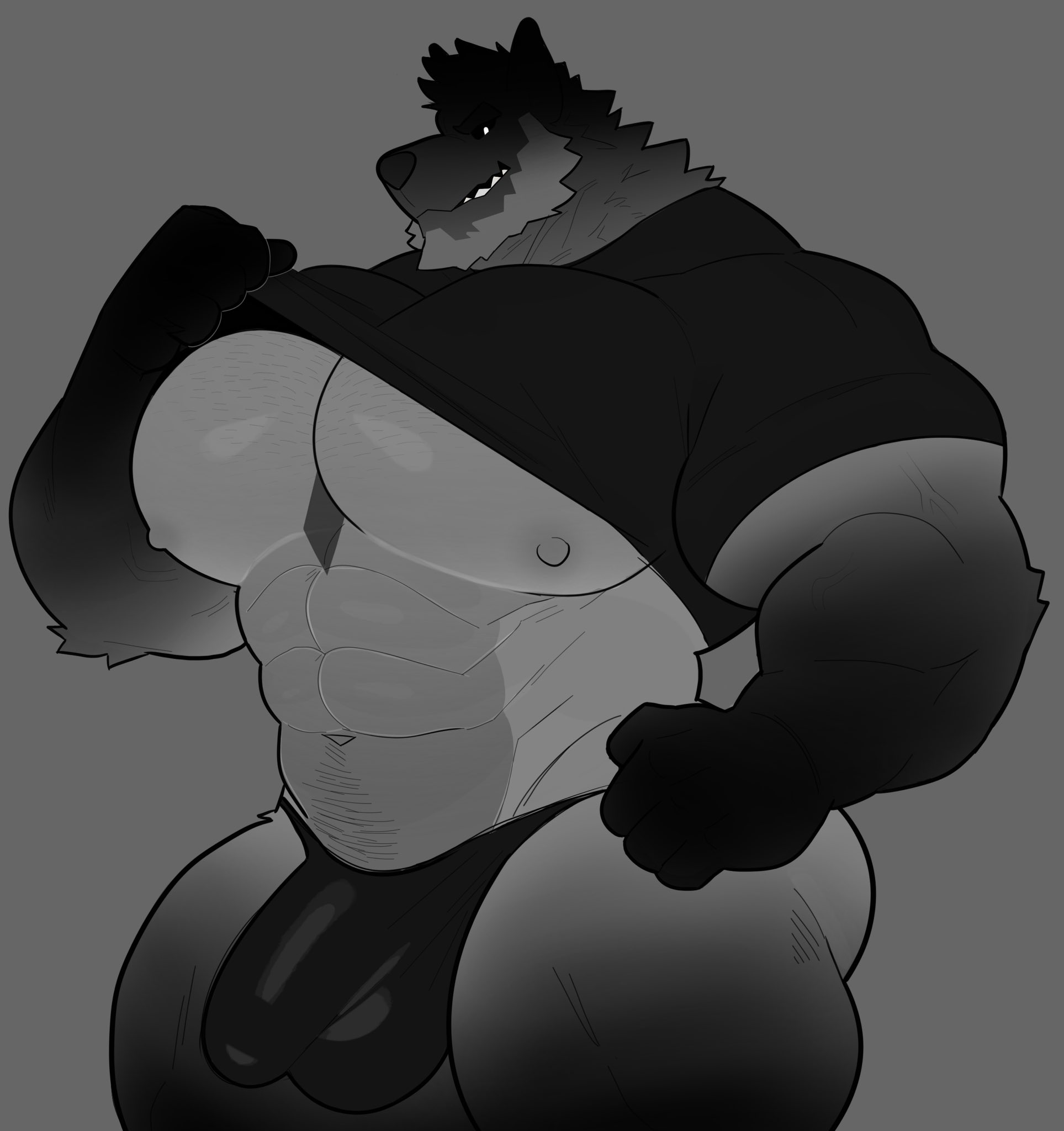 anthro, balls, bara, big balls, big bulge, big pecs, big penis, bulge, canine, flaccid, furry, grave (milkblend), male, male only, milkblend, muscles, muscular, muscular chest, muscular male, pecs, penis, shirt, shirt lift, solo, solo male, wolf, yaoi