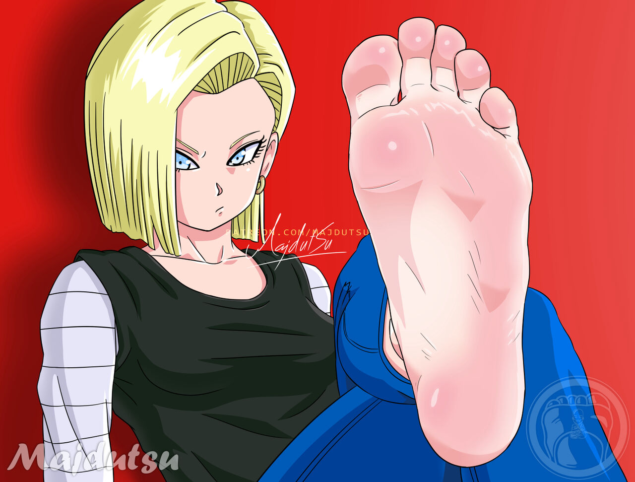 android 18, barefoot, dragon ball, feet, feet focus, feet up, female, foot fetish, foot focus, majdutsu, presenting feet, soles, toes
