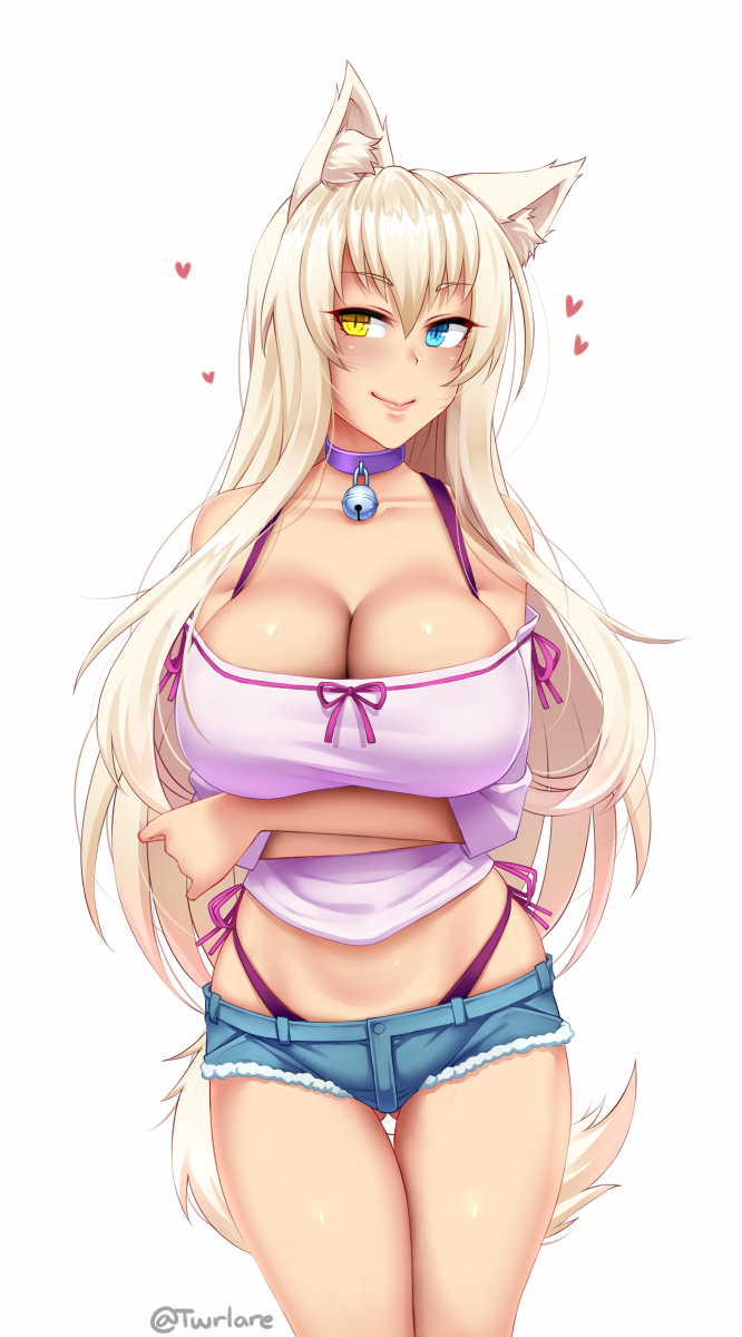 1girls big_breasts blonde_ears blonde_hair blonde_tail breast_squeeze breasts cat_ears catgirl cleavage coconut_(sayori) denim denim_shorts female female_only heterochromia inner_ear_fluff large_breasts nekomimi nekopara pink_shirt presenting_breasts purple_panties solo twrlare