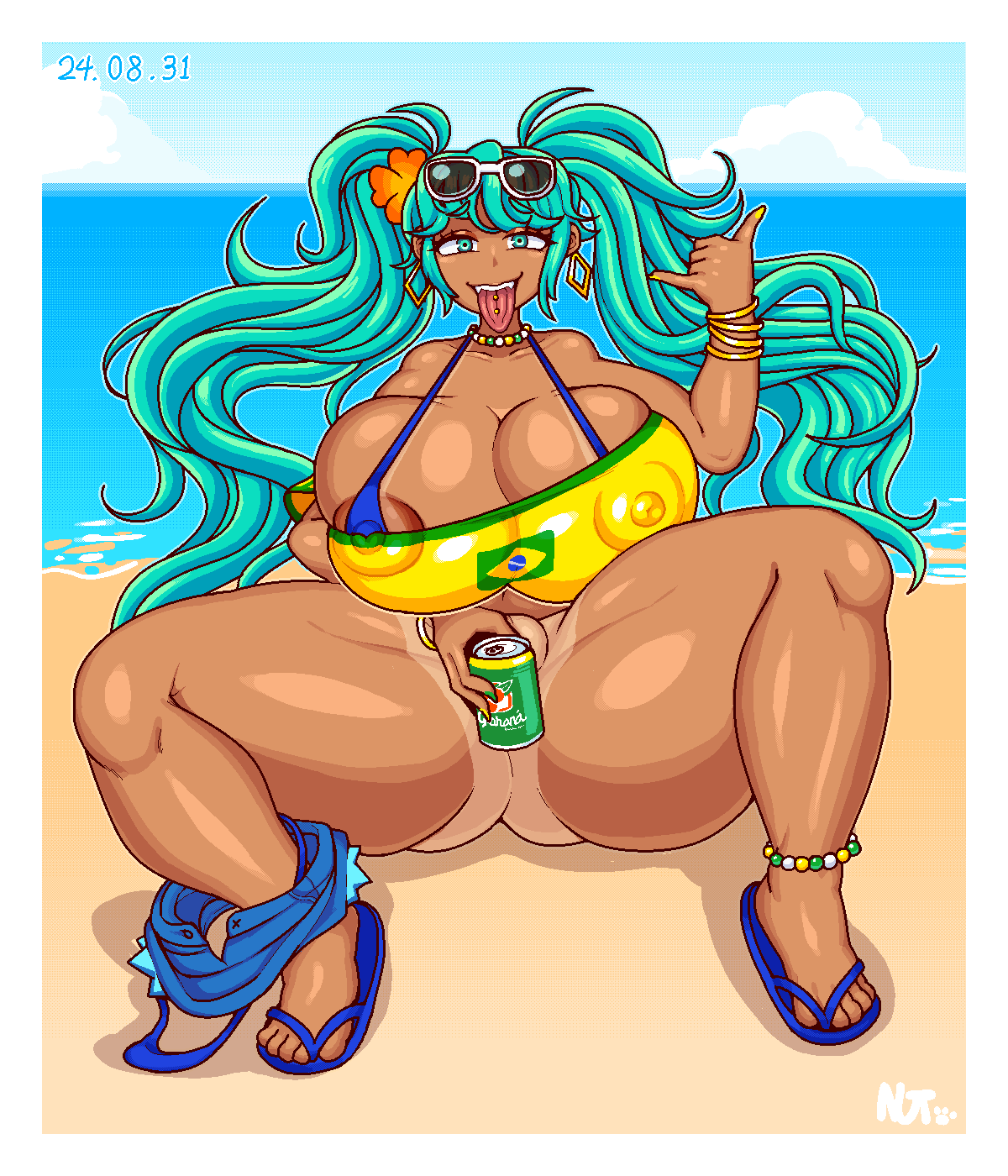 1girl, 1girls, 2d, 2d (artwork), anklet, aqua eyes, aqua hair, areola bulge, areola slip, areolae, beach, big breasts, big nipples, bikini, bikini tan, bracelet, brazilian miku, breasts, can, cleavage, covered nipples, dark skin, dark-skinned female, earrings, eyewear on head, female, female only, flower, gyaru, hatsune miku, hoop earrings, huge areolae, huge breasts, huge thighs, jewelry, long hair, looking at viewer, massive breasts, nipple bulge, nutnyan, piercing, sandals, shorts, solo, spread legs, sunglasses, swimsuit, tagme, tan, tanlines, tanned skin, thick thighs, thighs, tongue, tongue out, tongue piercing, twintails, very long hair, vocaloid