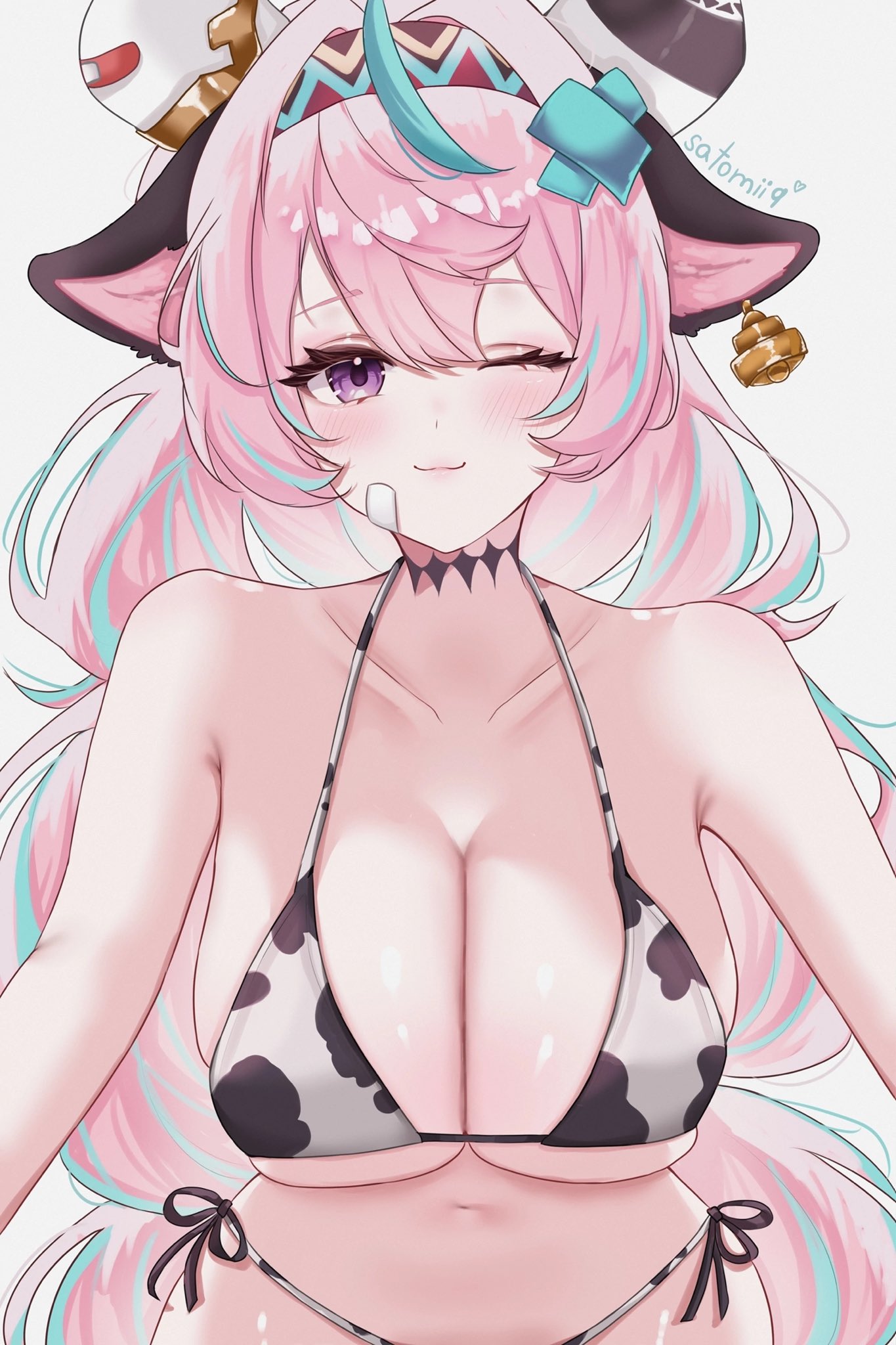 cow girl, cow print, female, female only, genshin impact, horns, thick, thick thighs, varesa, varesa (genshin impact)