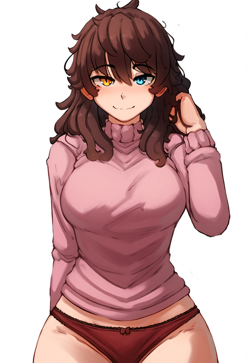 ai_generated blue_eye brown_hair evening_outfit heterochromia hismajestyii large_breasts novelai pajamas panties pink_sweater red_panties relaxed relaxed_expression seiko_tanaka_(hismajestyii) smile sweater toned wide_hips yellow_eye