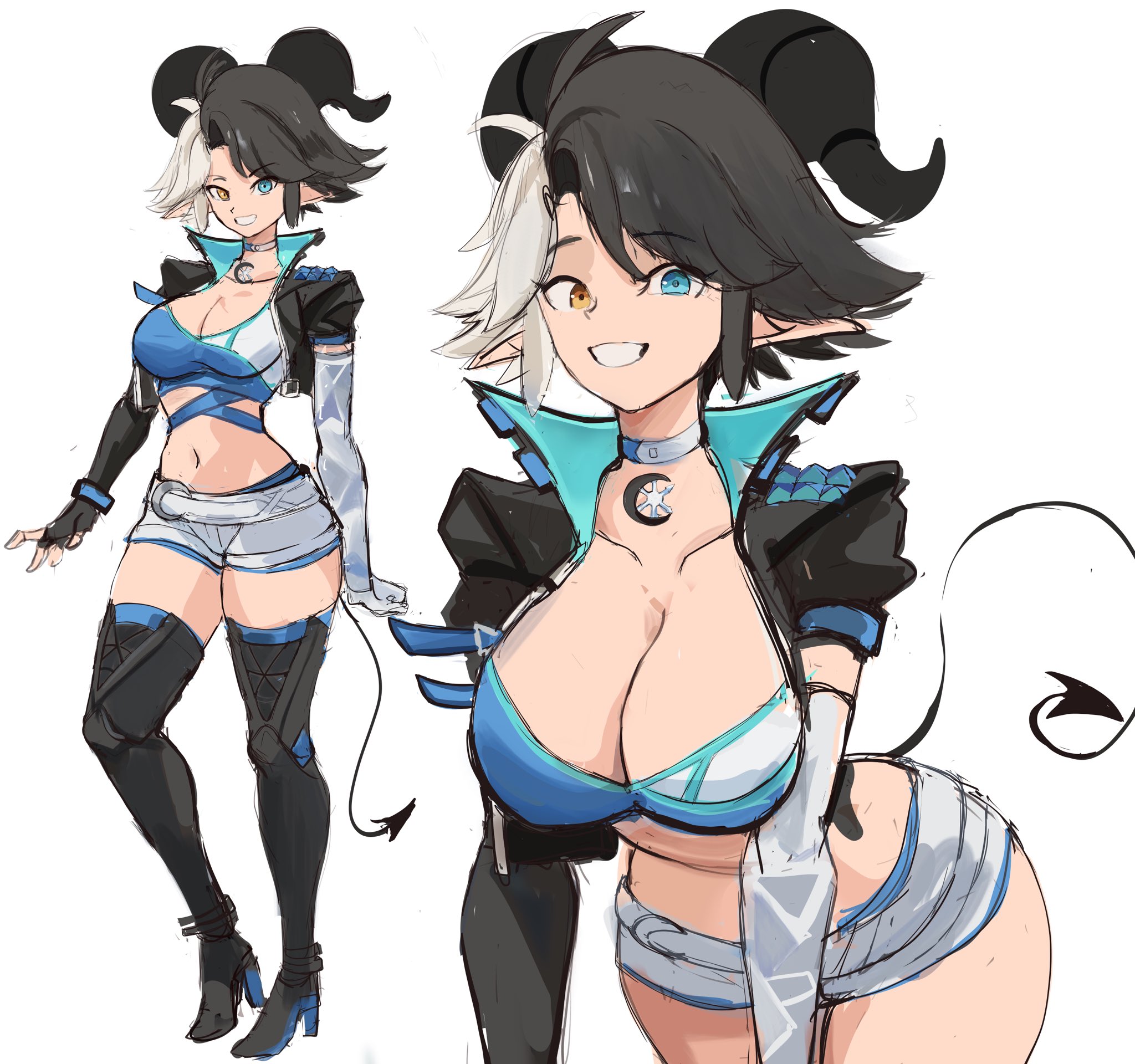 1girls, big breasts, black hair, black horns, blonde hair, blue eyes, boots, borrowed character, breasts, cleavage, cosplay, demon, demon girl, demon horns, demon tail, female, female only, heterochromia, highres, horns, jacket, large breasts, leaning forward, looking at viewer, luna snow, luna snow (marvel rivals), marvel, marvel comics, marvel rivals, midriff, multicolored hair, multiple views, navel, pointy ears, rakeemspoon, rgsp00n, short hair, short shorts, shorts, simple background, smile, solo, susan (rakeemspoon), tail, thigh boots, two-tone hair, white background, yellow eyes