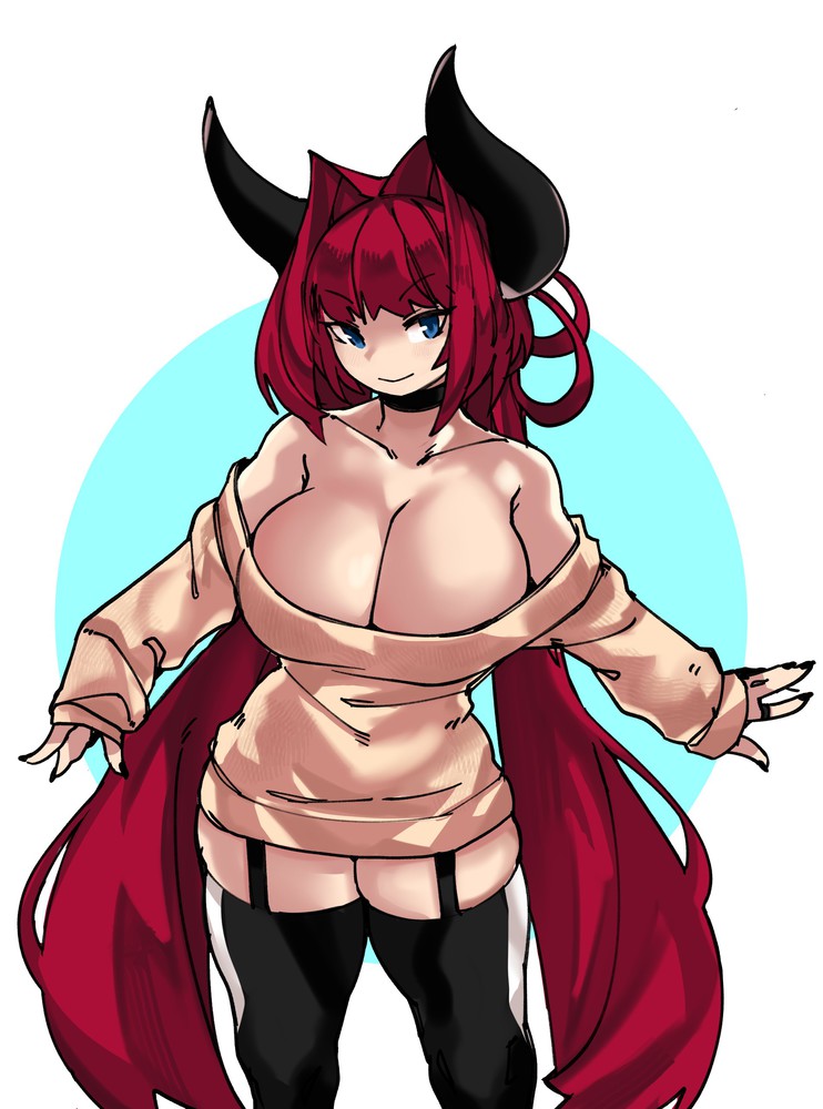 breasts, cleavage, curvy, female, horns, huge breasts, long hair, original, red hair, smiling, sweater, thighhighs, zanamaoria