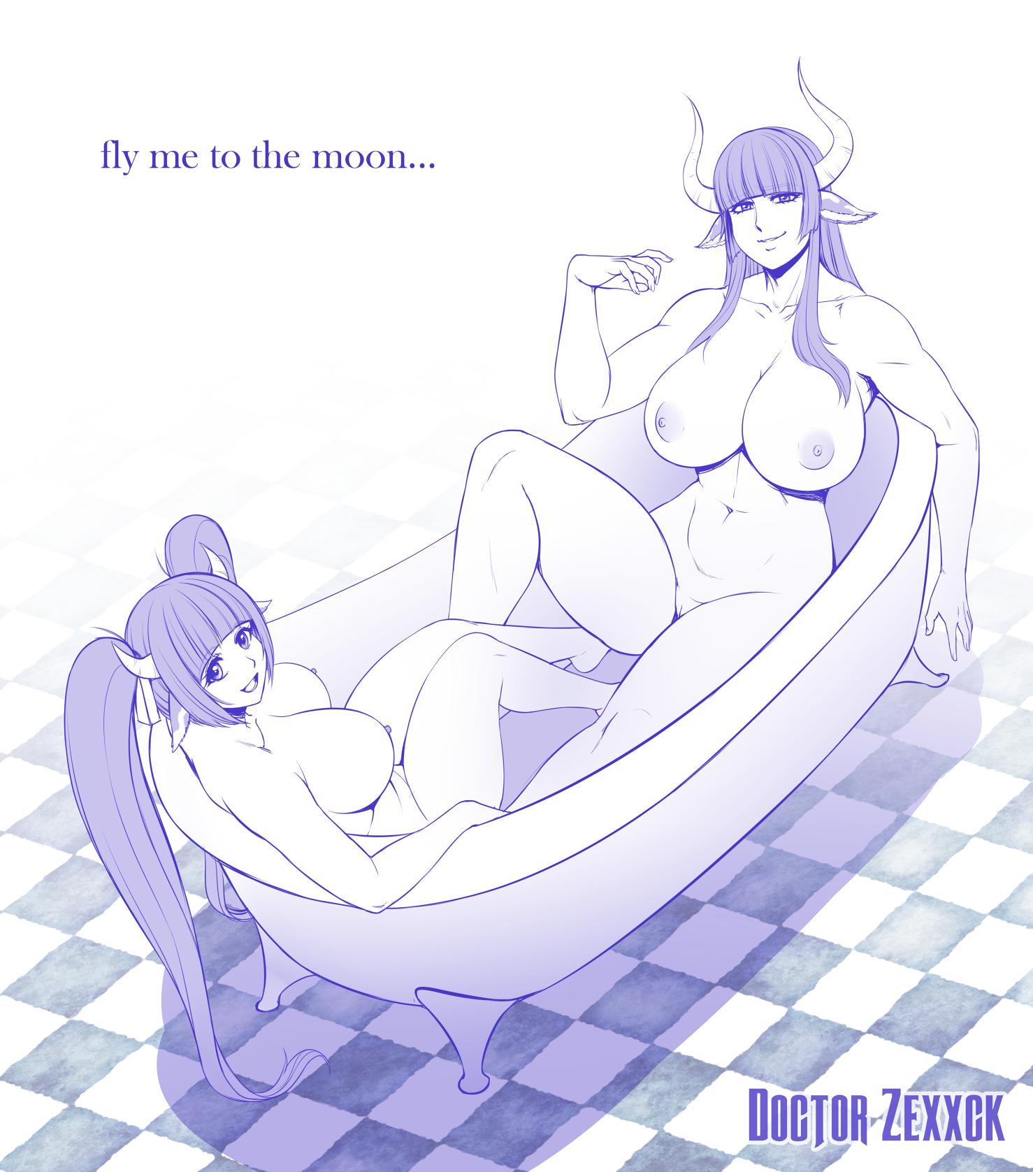 2girls animal_humanoid bathtub beatrix_(zexxck) big_breasts bovid bovid_humanoid bovine bovine_humanoid breasts drawn female hi_res humanoid lola_(zexxck) mammal mammal_humanoid multiple_girls nude pussy text zexxck