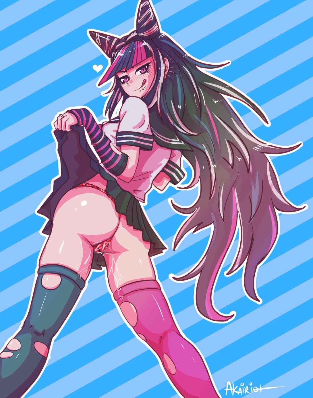 akairiot, arm warmers, armwear, ass, bedroom eyes, blue background, blush, danganronpa, danganronpa 2: goodbye despair, dripping, exposed ass, female, from behind, from below, heart, high resolution, highres, legs, lifted by self, long hair, looking at viewer, looking back, looking down, mioda ibuki, multicolored hair, panties, piercing, piercings, pink eyes, pinup, presenting, presenting hindquarters, presenting pussy, pussy, pussy juice, ring, school uniform, simple background, skirt, skirt lift, skirt pull, skirt up, straight hair, super danganronpa 2, thighhighs, thighs, thong, tongue, tongue out, torn clothes, torn thighhighs, upskirt