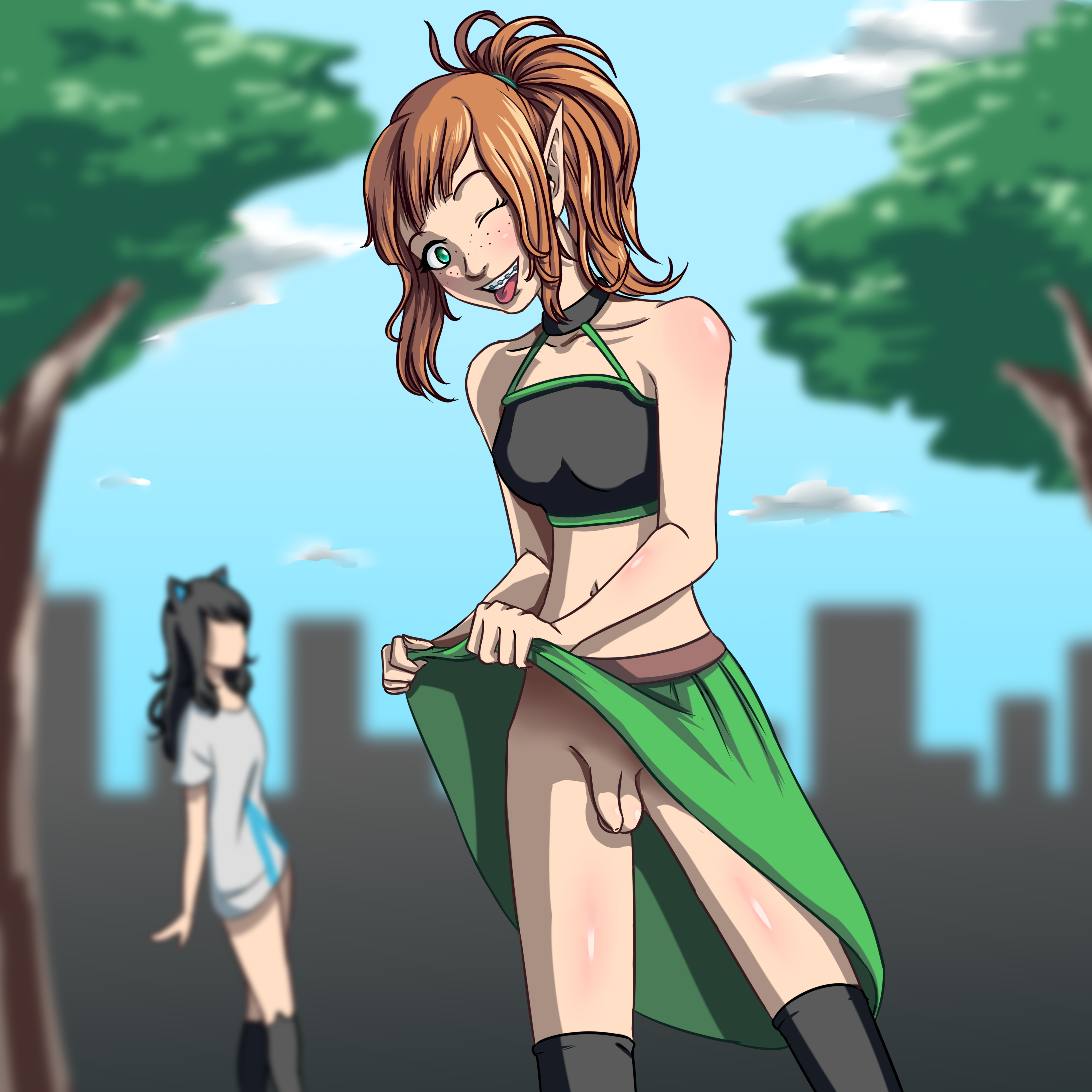 1futa, 1girls, alexa (neonkaori), balls, bottomless skirt, braces, breasts, clothing, exhibitionism, female, flaccid, freckles, futa with female, futanari, intersex, lifting skirt, neonkaori, no panties, original character, penis, penis out, penis under clothes, penis under skirt, ponytail, red hair, skirt, skirt lift, small breasts, small penis, tagme, tongue, tongue out, wink