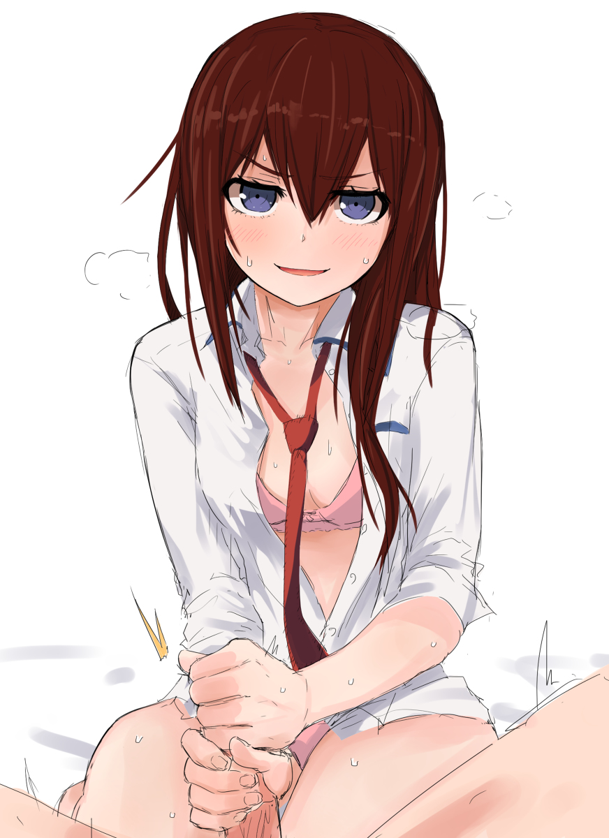 1boy 1girls blue_eyes bra handjob long_hair makise_kurisu masturbation necktie open_clothes open_mouth open_shirt pink_bra pink_panties red_hair red_necktie small_breasts smirk steins;gate sweat sweatdrop white_shirt