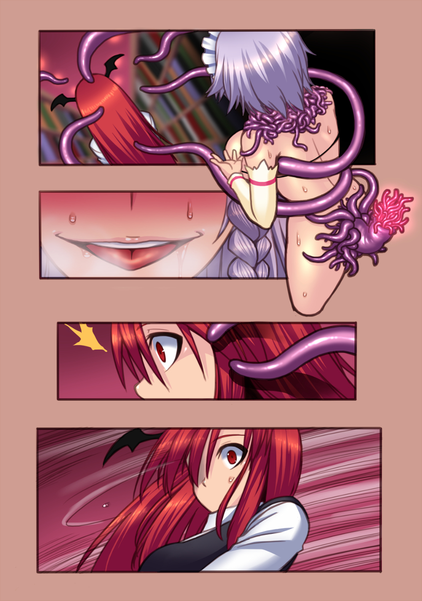 2girls, ahe gao, blush, breasts, demon, female, female only, koakuma, large breasts, living clothes, multiple females, multiple girls, parasite, restrained, sakuya izayoi, succubus, tentacle, tentacle clothes, tentacle sex, touhou