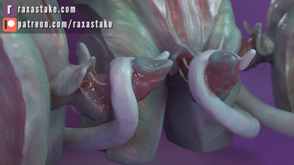 16:9 3d_(artwork) alien bodily_fluids digital_media_(artwork) disembodied_penis erection genital_fluids male male_only penis raxastake simple_background tentacles unusual_penis