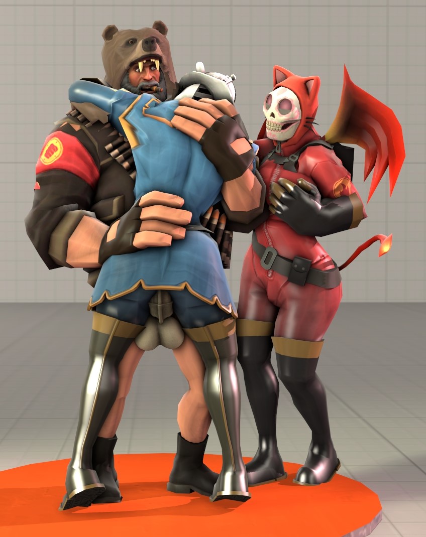 1boy 2girls 3d albanyfucker big_penis boots cat_ears demon_girl demon_tail demon_wings fempyro gloves head_dress heavy_weapons_guy horsecock male pants_removed penis pyro shirt skull team_fortress_2 thigh_boots threesome tight_clothing vaginal_penetration valve wings