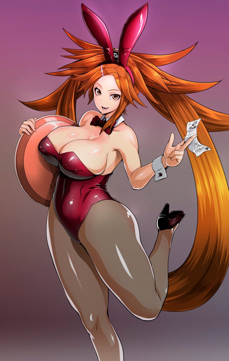 1girls between_fingers bow_tie bowtie brown_hair bunny_ear bunny_ears bunnysuit cleavage clothed clothed_female clothing cuffs female gradient_background guilty_gear guilty_gear_xrd hairclip heels high_heels highres holding holding_object huge_breasts kuradoberi_jam long_hair looking_at_viewer nipple_bulge open_mouth pantyhose paper raised_leg shiny shiny_hair shiny_skin smile smiling smiling_at_viewer smirk solo solo_female solo_focus teeth thick_thighs thunder_thighs tight_clothing vest