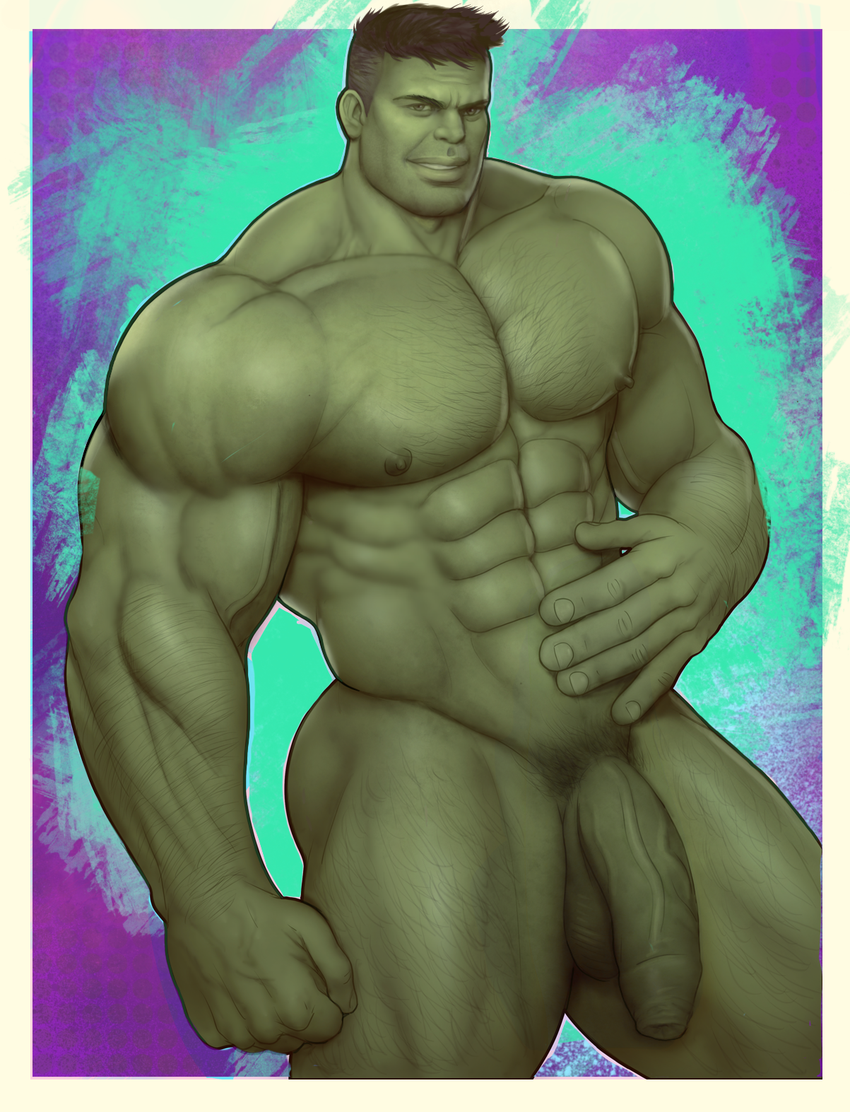 1boy, 2d, 2d (artwork), abs, arm hair, balls, bara, biceps, black hair, body hair, chest hair, drawnpr0n, erect nipples, foreskin, gay, green nipples, green skin, hair, hairy, hulk, hulk (series), leg hair, male, male only, marvel, marvel comics, muscles, muscular, muscular male, nipples, penis, solo, solo male, uncircumcised, uncut, yaoi