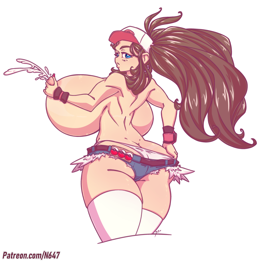 1girls, 2019, alternate breast size, ass, ass hanging out, ass hanging out of shorts, back, back view, backboob, big ass, big breasts, booty shorts, breast milk, breasts, breasts bigger than head, brown hair, color, female, female only, hilda (pokemon), huge breasts, huge nipples, human, lactating, lactation, large ass, long hair, long ponytail, looking at viewer, looking back, n647, nintendo, nipple grab, pokemon, ponytail, short shorts, shorts, solo, taller female, thick thighs, thighhighs, thighs, top heavy, topless, voluptuous, wide hips