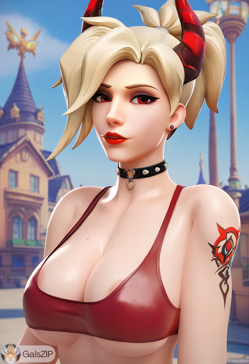 ai_generated angela_ziegler big_breasts blizzard_entertainment blonde blonde_hair choker cleavage devil devil_horns devil_mercy galszip horns huge_breasts latex mercy overwatch overwatch_2 red_eyes red_lipstick red_topwear tattoo