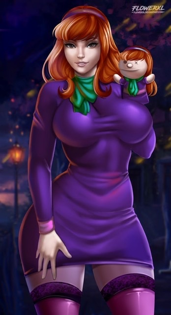 1girls, big breasts, breasts, brown eyes, daphne blake, female, female only, flowerxl, hanna-barbera, huge breasts, human, light skin, light-skinned female, long hair, looking at viewer, night, purple dress, red hair, scooby-doo, signature, solo focus, stockings, text, thick thighs