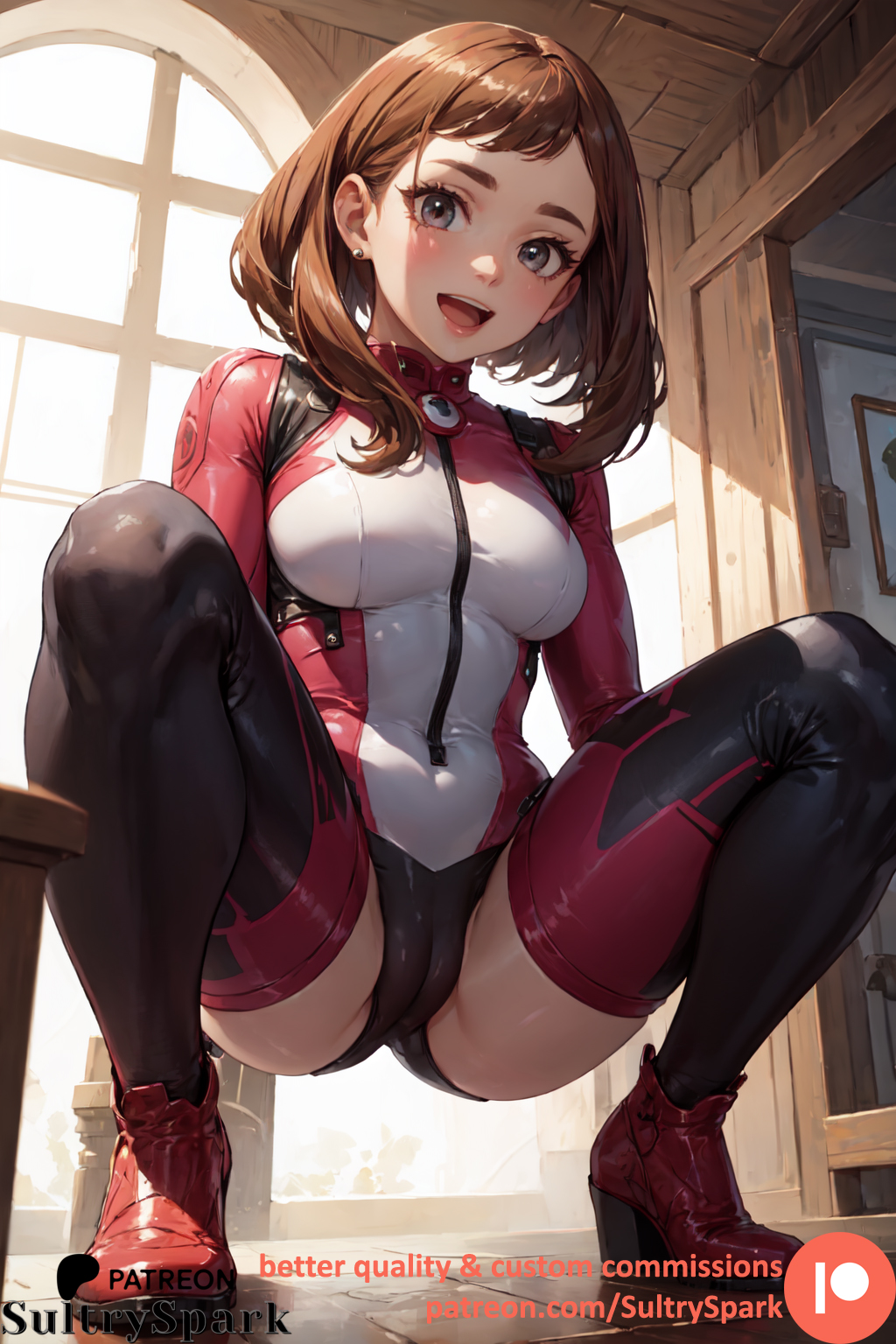 1girls, ai generated, blush, bodysuit, boku no hero academia, brown hair, cameltoe, commission, female, female only, happy, hero outfit (mha), heroine, looking at viewer, looking down, my hero academia, ochako uraraka, ochako uraraka (hero outfit), patreon, patreon username, pussy, short hair, sitting, smile, smiling, squatting, sultryspark
