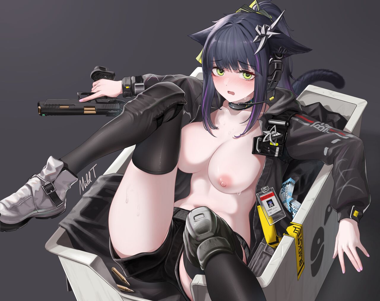 1girls 2024 animal_ears arknights big_breasts black_hair blush breasts breasts_out cat_ears cat_tail catgirl green_eyes gun hair_ornament hi_res holding_object jacket jacket_open jessica_(arknights) jessica_the_liberated_(arknights) kemonomimi kneehighs legs_apart legs_up legwear light-skinned_female light_skin looking_at_viewer lying lying_on_back mildt nude nude_female ponytail shoes simple_background solo spread_legs stuck stuck_in_object sweat weapon