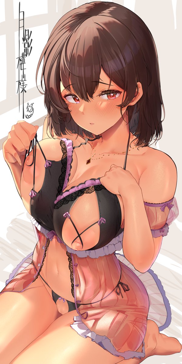 bad_id bad_twitter_id bare_shoulders blush breasts brown_hair dainana_sugune female highres large_breasts looking_at_viewer original panties red_eyes short_hair sitting string_panties underwear