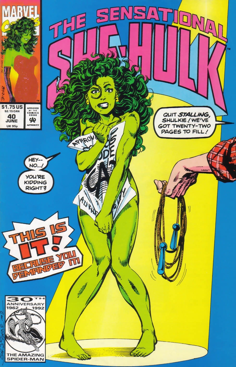 1990s 1992 1girls 20th_century comic_cover covering_up earrings embarrassed_nude_female enf female female_focus green_skin jump_rope marvel marvel_comics newspaper nude official_art she-hulk spider-man the_sensational_she-hulk