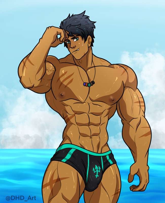 1boy 1male bulge bulge_through_clothing dark-skinned_male dark_skin dhd_art male_only ocean percy_jackson percy_jackson_and_the_olympians scars solo_male swimwear tagme