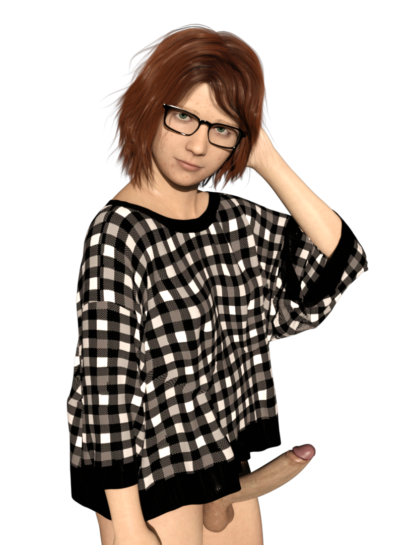 1futa 3d acne amelia_(artist) amicalira_(artist) balls bottomless chubby dickgirl futa_only futanari glasses green_eyes hand_on_head intersex looking_at_viewer olivia_(amelia) original penis red_hair shirt short_hair solo teenager