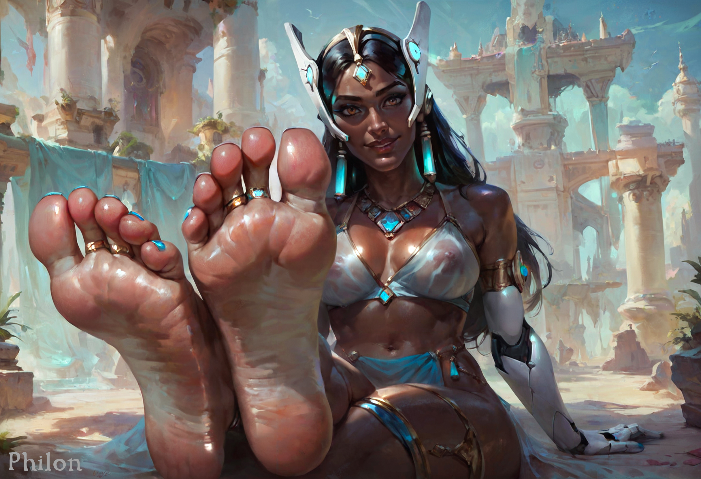 1girls, ai generated, barefoot, bikini, black hair, blue nails, breasts, brown eyes, covered nipples, cyborg, dark skin, dark-skinned female, earrings, feet, female, female only, foot focus, forehead jewel, headgear, jewelry, large breasts, lips, long hair, looking at viewer, mechanical arms, nail polish, navel, necklace, nipples visible through clothing, outdoors, overwatch, overwatch 2, philon, realistic, see-through, single mechanical arm, sitting, soles, solo, stable diffusion, swimsuit, symmetra, toe ring, toenail polish, toenails, toes, wet