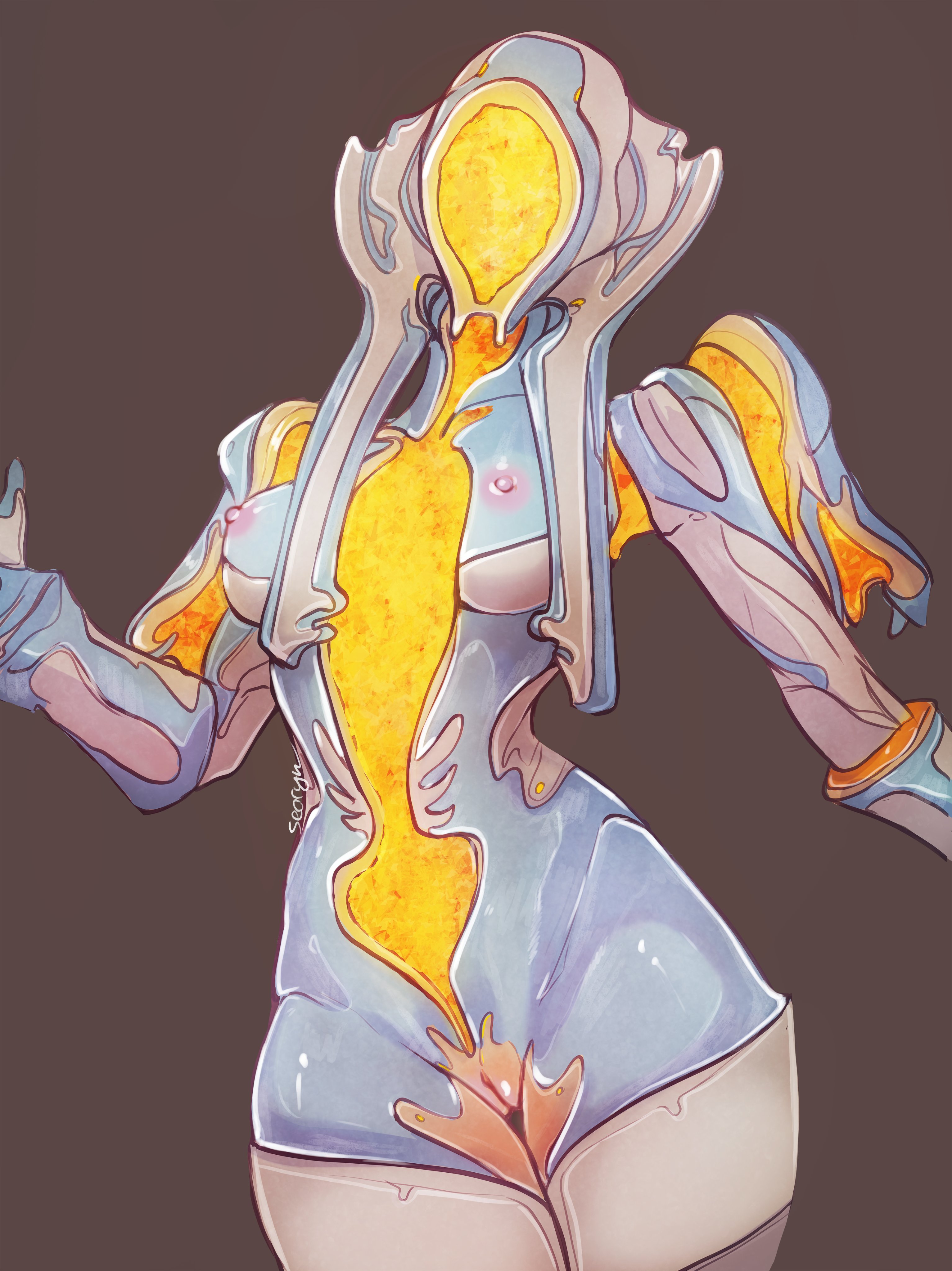 armor, breasts, citrine (warframe), female, gem, gemstone, hips, nipples, no face, no hair, pink nipples, pussy, robot, robot girl, searyn, standing, tagme, thighhighs, thighs, unusual anatomy, waist, warframe