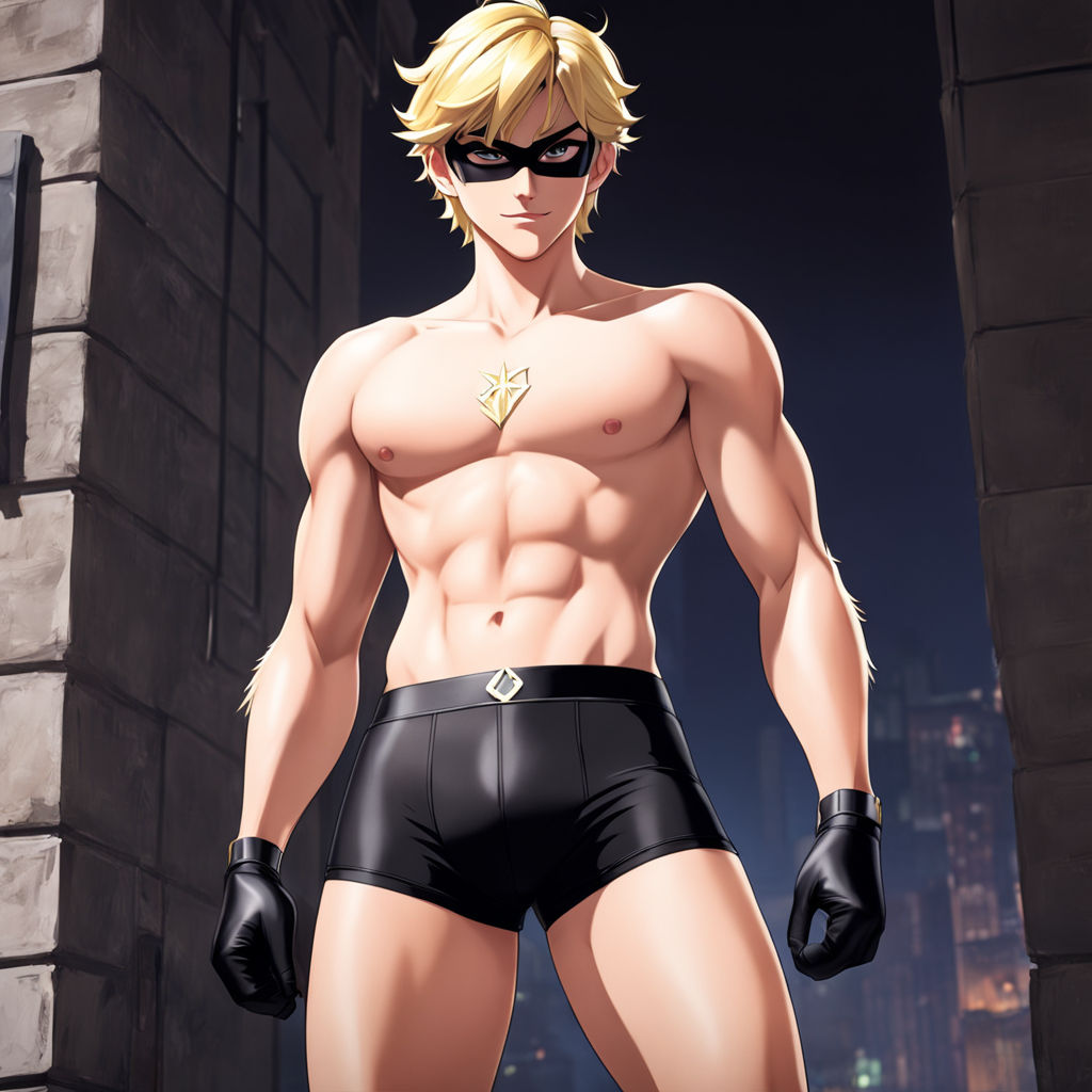 adrien_agreste ai_generated blonde_hair bulge bulge_under_clothing cat_noir chat_noir eye_mask green_eyes male male_only masked_male miraculous_ladybug solo solo_male