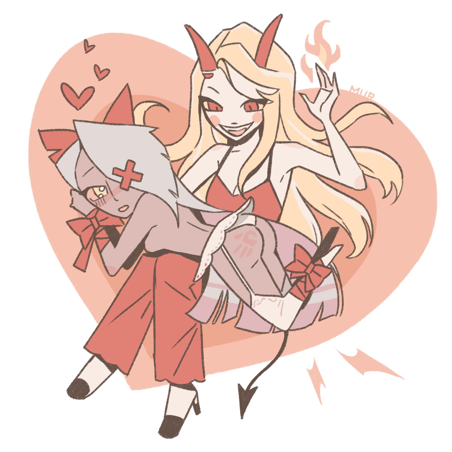 blonde hair, bow, charlie morningstar (hazbin hotel), chibi, demon girls, female, femdom, grey skin, hazbin hotel, looking back, otk spanking, spanking, tied up, vaggie (hazbin hotel), white background, white skin, yuri