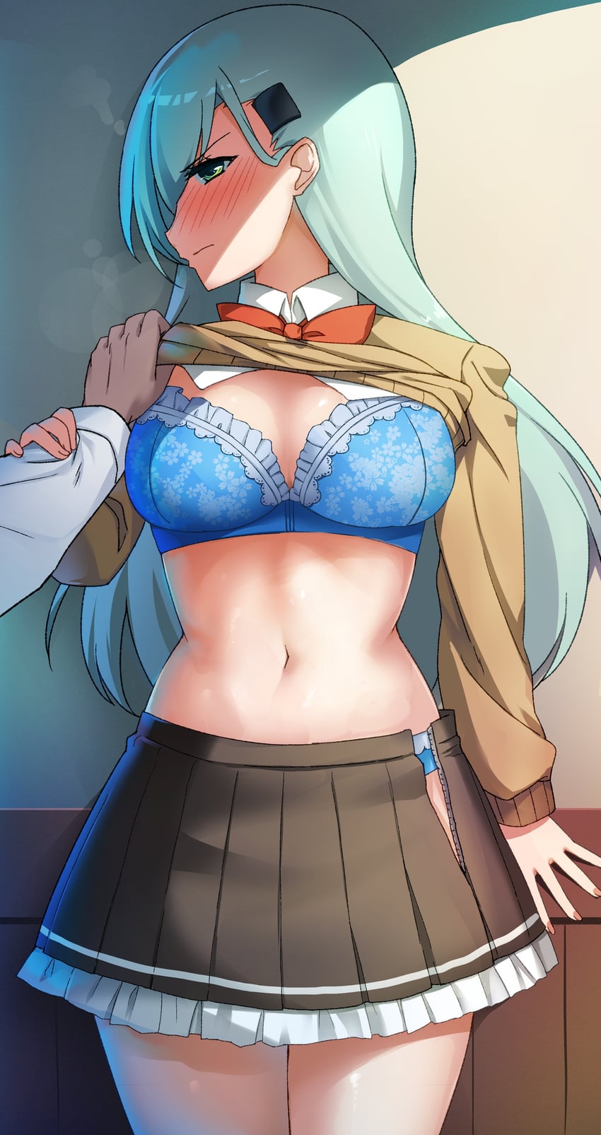 1girls absurdres aqua_hair blue_bra blue_panties blush bra breasts brown_cardigan brown_skirt cardigan cardigan_lift commentary_request cowboy_shot female frilled_bra frilled_panties frilled_skirt frills green_eyes hair_ornament hairclip highres kantai_collection lifted_by_another long_hair long_sleeves medium_breasts miniskirt navel open_clothes open_skirt panties panty_peek partially_unzipped pleated_skirt pov school_uniform skirt solo_focus sorano_(12gou) standing suzuya_(kantai_collection) suzuya_kai_ni_(kantai_collection) underwear very_long_hair zipper_skirt