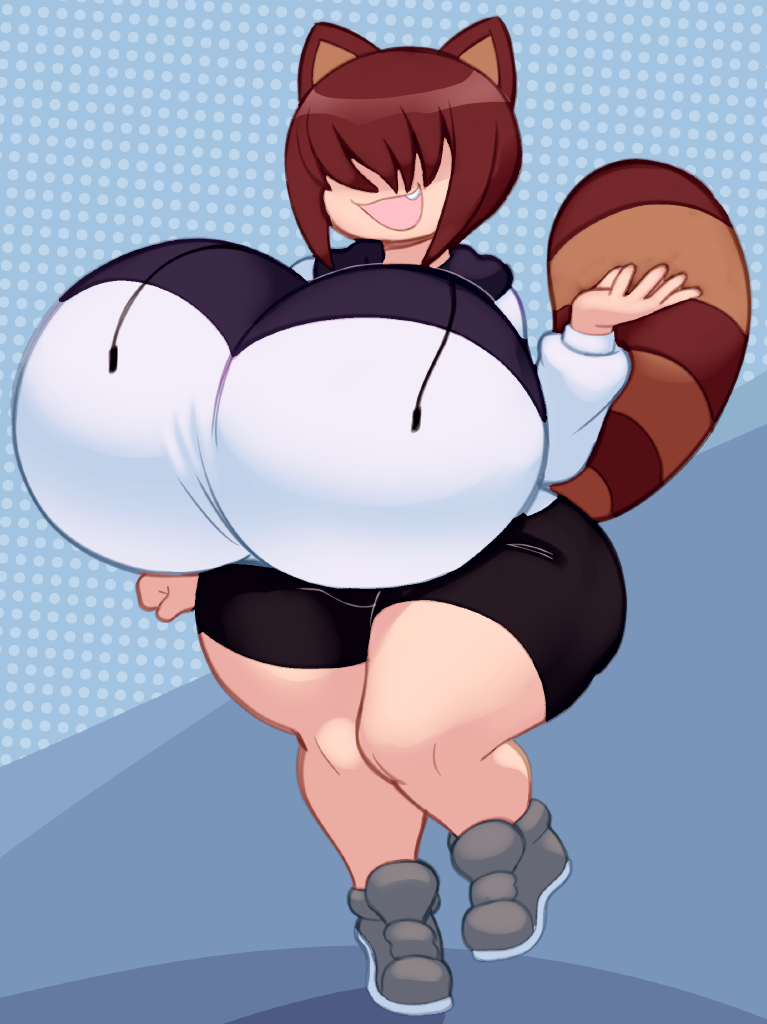 angstrom clothed clothing eyes_covered hoodie hyper_breasts shorstack smile tanuki thick_thighs