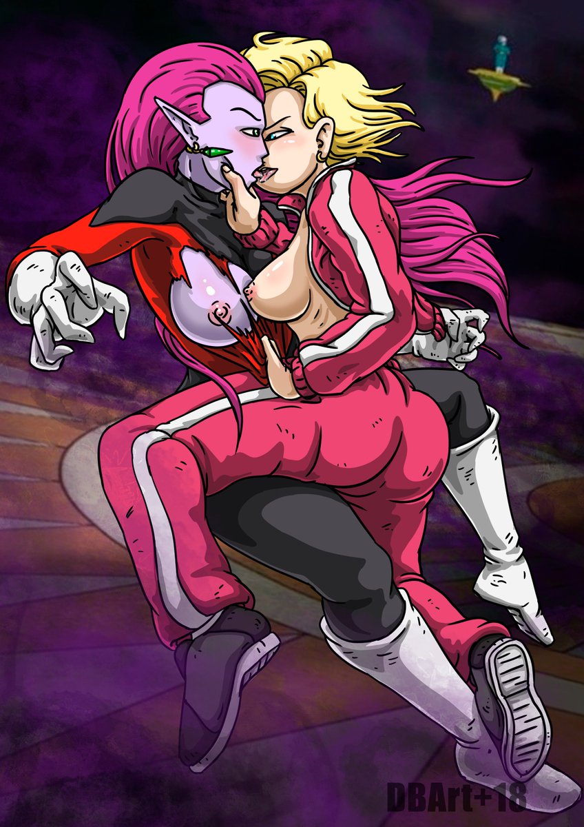 2girls alien_girl android_18 blonde_hair blue_eyes breasts_exposed breasts_out catfight cocotte dbart+18 dragon_ball dragon_ball_super dragon_ball_z earrings fighting grabbing_face green_eyes interspecies kissing multiple_girls pink_hair ripped_clothing saliva sexfight yuri