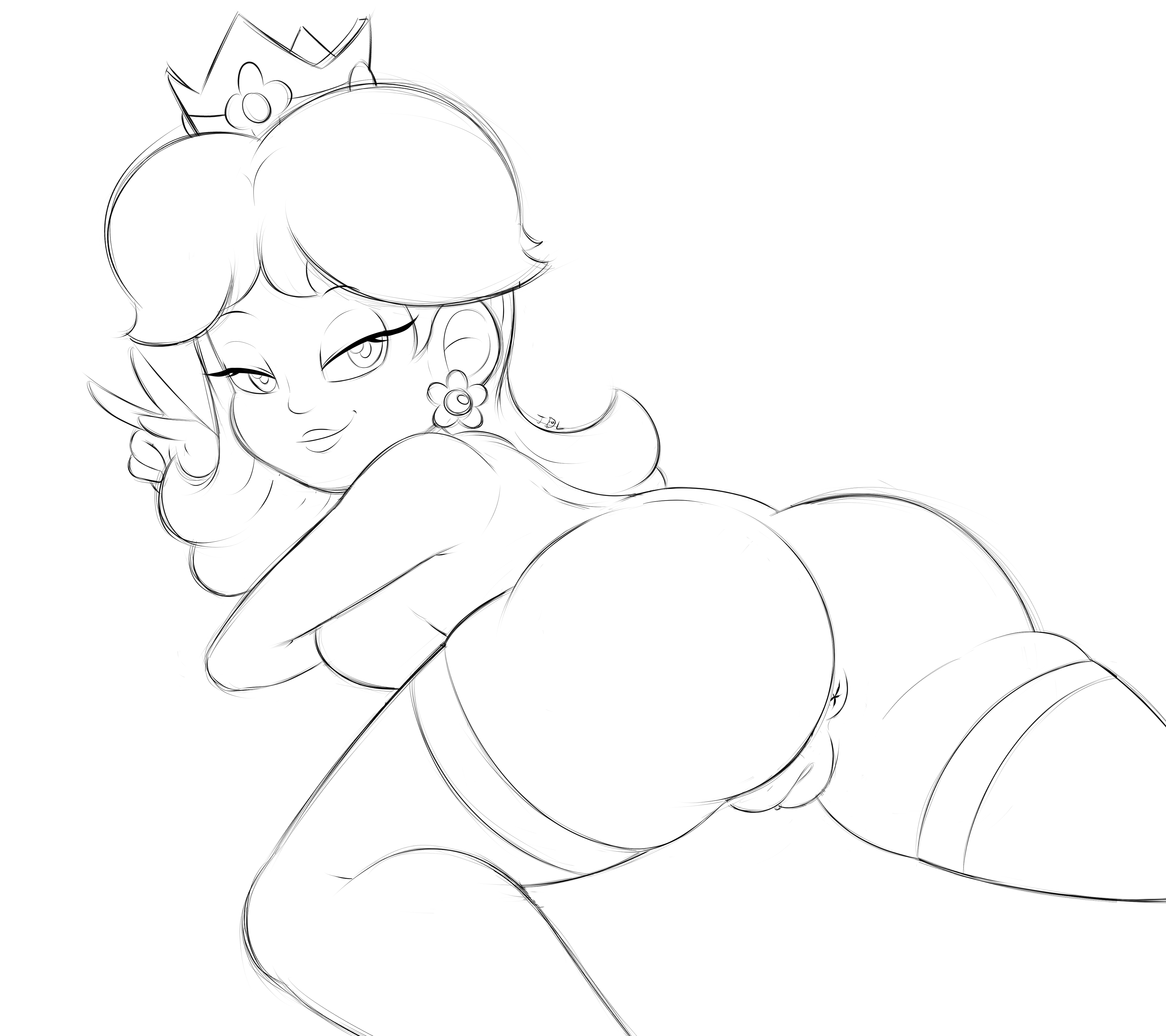 1girls, 2019, 5 fingers, anus, ass, big ass, big butt, bimbo, breast press, breasts, bubble ass, bubble butt, crown, earrings, eyebrows, eyelashes, female, female only, genitals, half-closed eyes, highres, huge ass, huge butt, human, human only, legwear, lipstick, looking at viewer, looking back, looking back at viewer, lying, lying down, mario (series), nintendo, nude, on stomach, peace sign, princess daisy, pussy, seductive, shoulder length hair, simple background, sketch, smile, solo, stockings, teenagebratwurst, thick, thick ass, thick thighs, thighhighs, thighs, v, vagina, wide hips