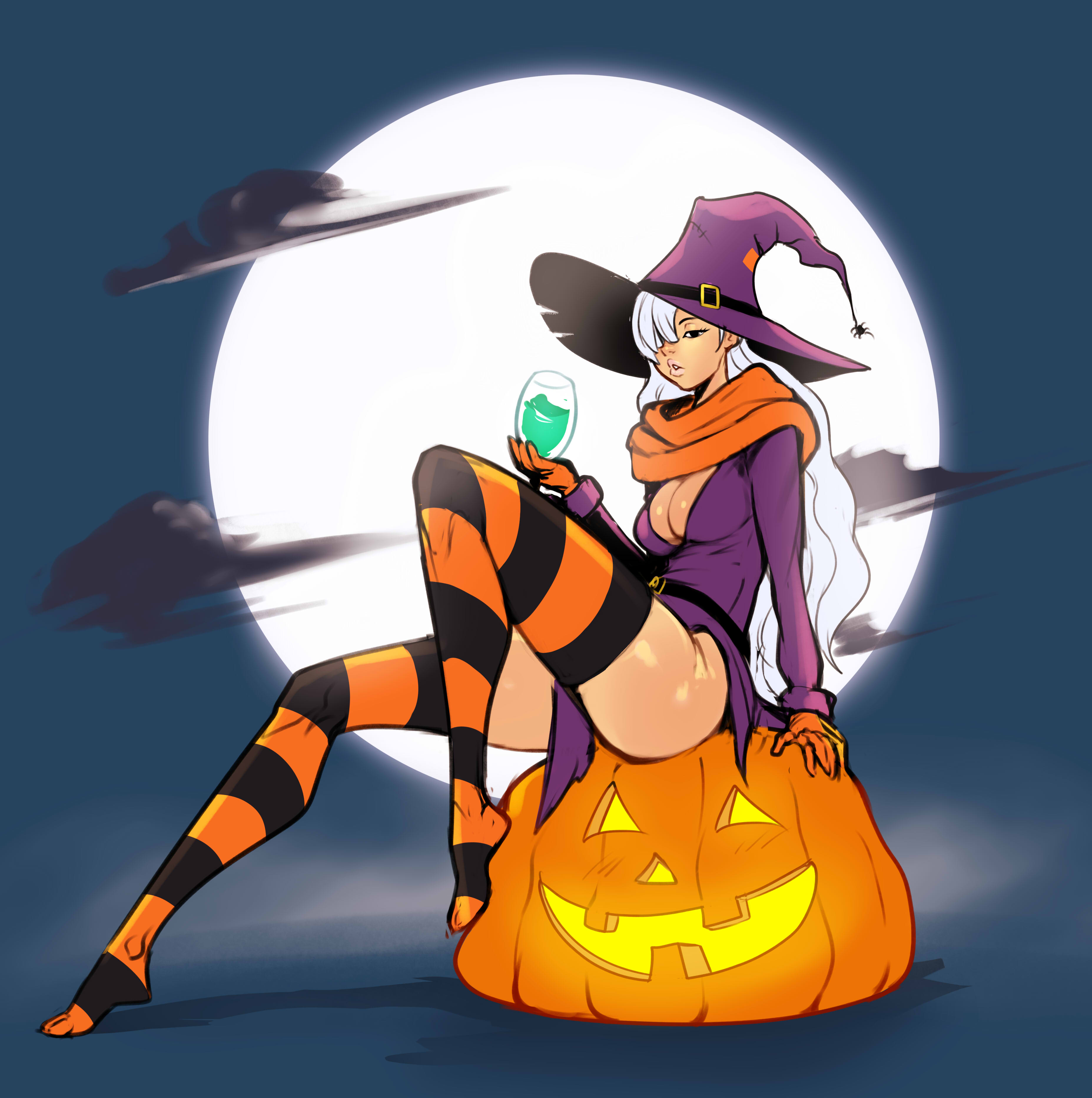 breasts, charlotte smoothie, cloud, clouds, feet, female, female only, halloween, izra, jack o' lantern, legs, moon, night sky, one piece, pumpkin, silver hair, socks, striped legwear, sultry eyes, thighhighs, white hair, witch, witch costume, witch hat