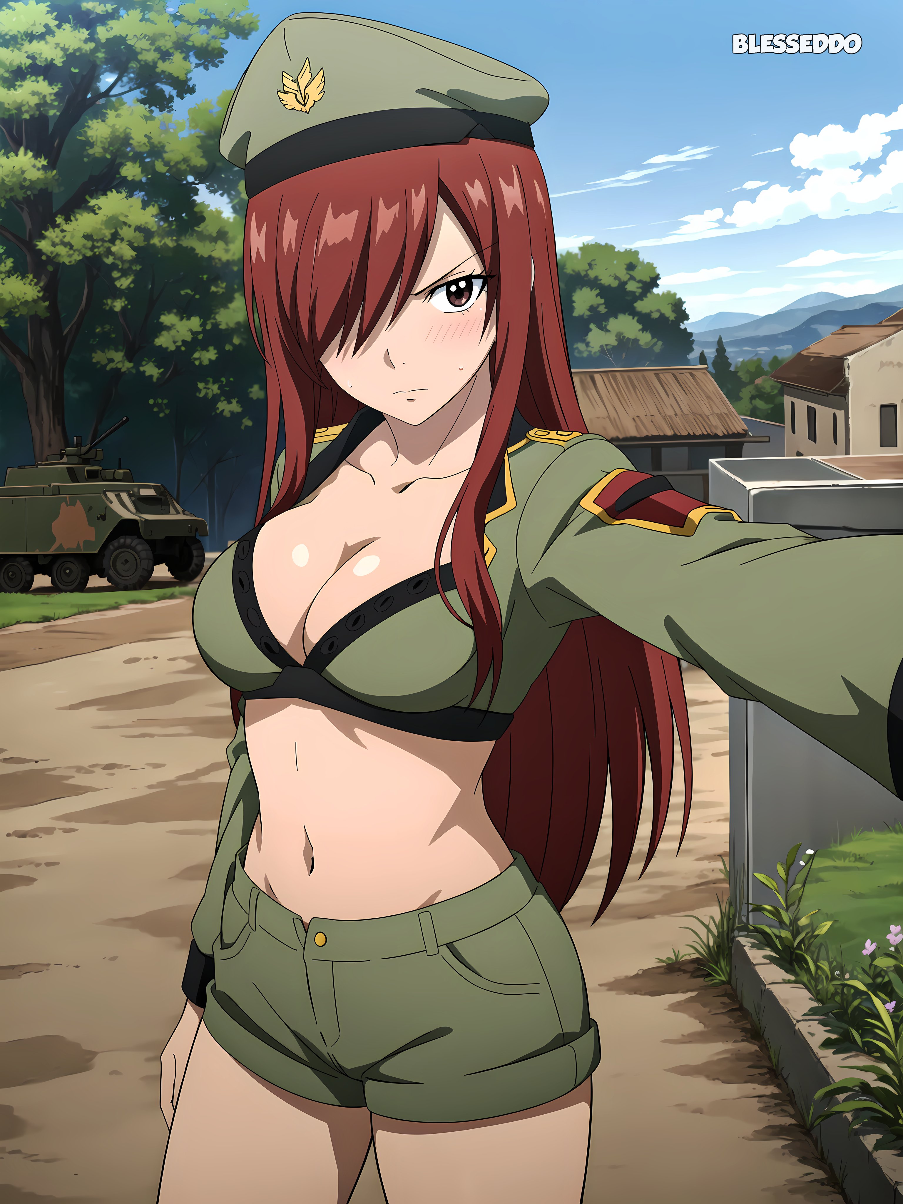1girls, ai generated, bare midriff, belly button, blesseddo, boob window, breasts, cleavage, erza scarlet, fairy tail, female, hair over one eye, long hair, looking at viewer, military uniform, red hair, shorts, uniform