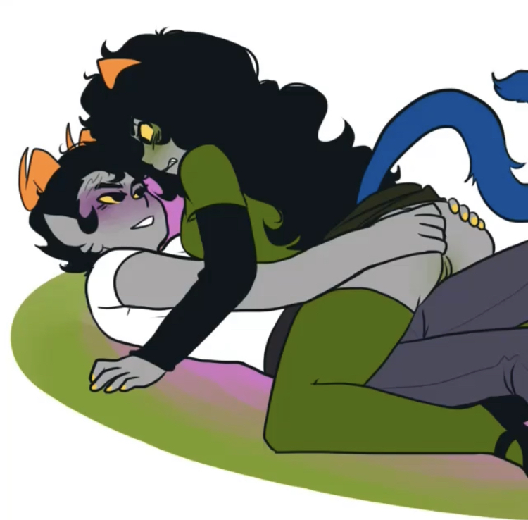 1boy1girl ass_grab big_breasts blush clothed cowgirl_position cronus_ampora grey_skin hate_sex homestuck laying_down long_hair mcsiggy meulin_leijon on_top pussy smirking_at_partner tail