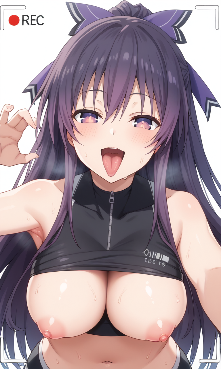 1girls ai_generated big_breasts breasts date_a_live female female_focus female_only large_breasts looking_at_viewer looking_pleasured open_mouth purple_eyes purple_hair showing_breasts tongue tongue_out yatogami_tenka yatogami_tohka