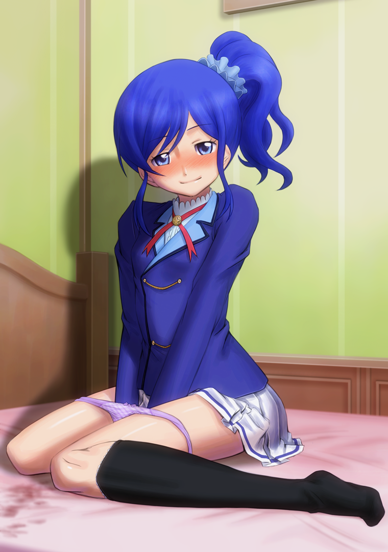 after_masturbation aikatsu! aikatsu!_(series) bedroom between_legs black_socks blue_eyes blue_hair blue_jacket blue_scrunchie blush bonnie_(rsg) closed_mouth commentary_request female full_body hair_ornament hair_scrunchie hand_between_legs high_side_ponytail indoors jacket kiriya_aoi long_sleeves looking_at_viewer miniskirt neck_ribbon panties panty_pull pleated_skirt purple_panties red_ribbon ribbon scrunchie shirt short_hair sitting skirt smile socks solo stained_sheets swept_bangs underwear wariza white_shirt white_skirt