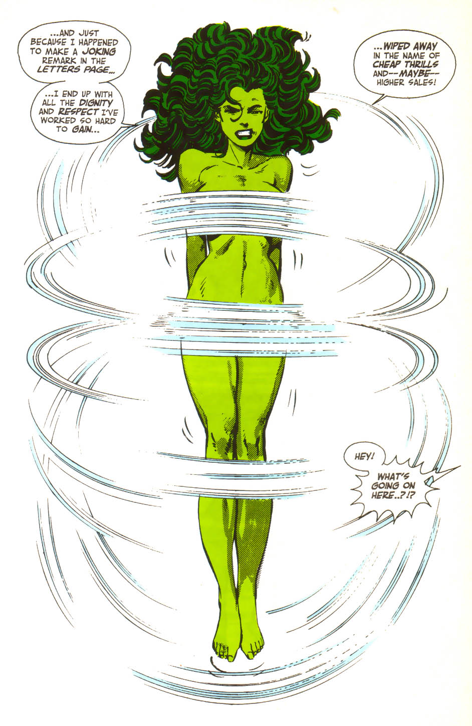 1990s 1992 1girls comic comic_page embarrassed embarrassed_nude_female enf english_text female female_focus female_only green_skin jump_rope marvel marvel_comics naked naked_female official_art she-hulk text the_sensational_she-hulk white_background