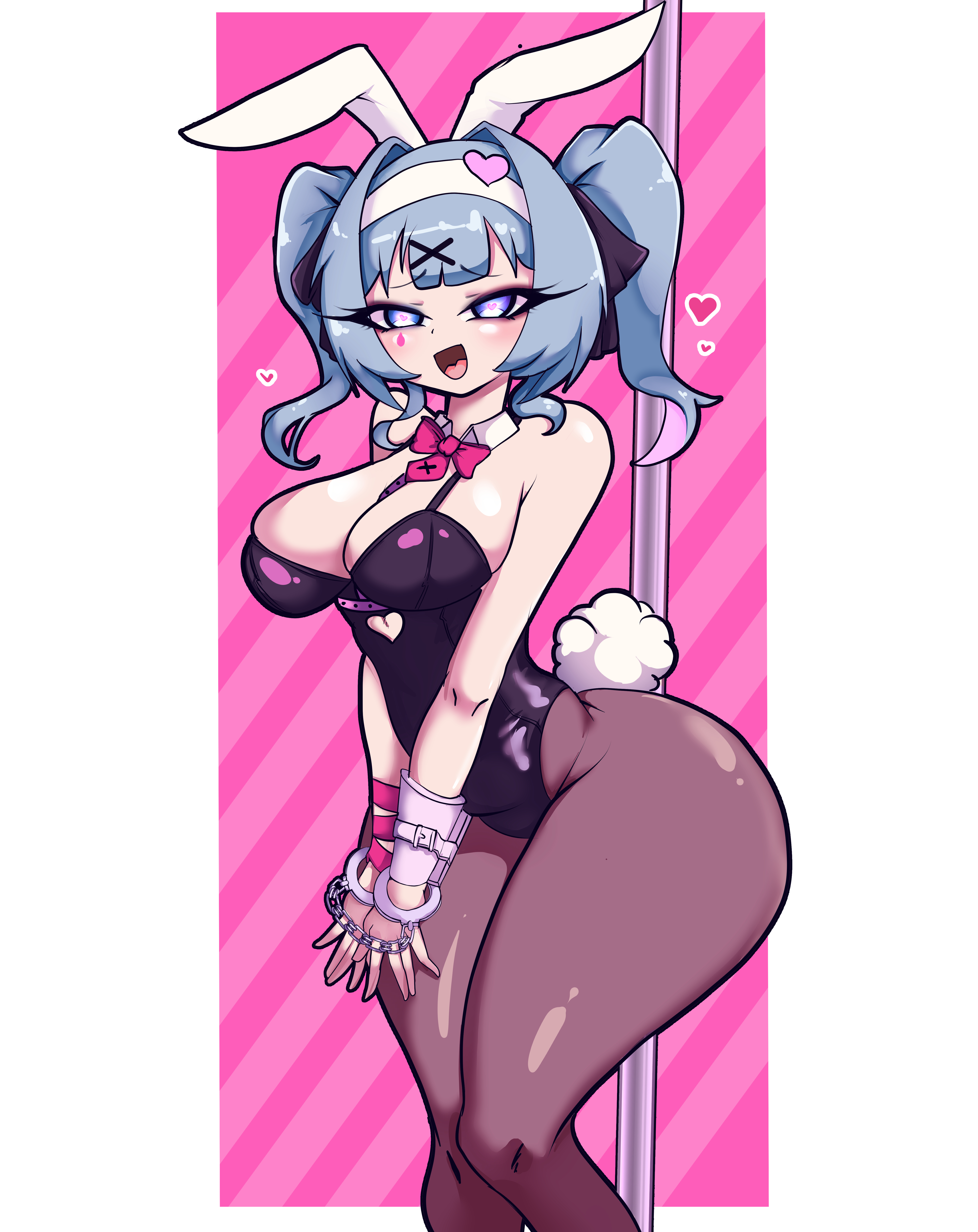 1girl, 1girls, animal ears, bangs, black leotard, black pantyhose, blue eyes, blue hair, bow, bowtie, breasts, bunny ears, bunnysuit, cleavage, clothed, clothed female, clothing, clothing cutout, cuffs, detached collar, fake animal ears, fang, female, female focus, female human, female only, hair ornament, handcuffs, hatsune miku, heart, heart-shaped pupils, large breasts, leotard, light skin, light-skinned female, looking at viewer, medium breasts, miyako noh, mv character, open mouth, pantyhose, playboy bunny, pole between ass, ponytail, ponytails, rabbit ears, rabbit hole (vocaloid), rabbit tail, smile, solo, solo female, solo focus, stripper, stripper pole, symbol-shaped pupils, tail, thick thighs, thighs, twintails, virtual youtuber, vocaloid, wrist cuffs