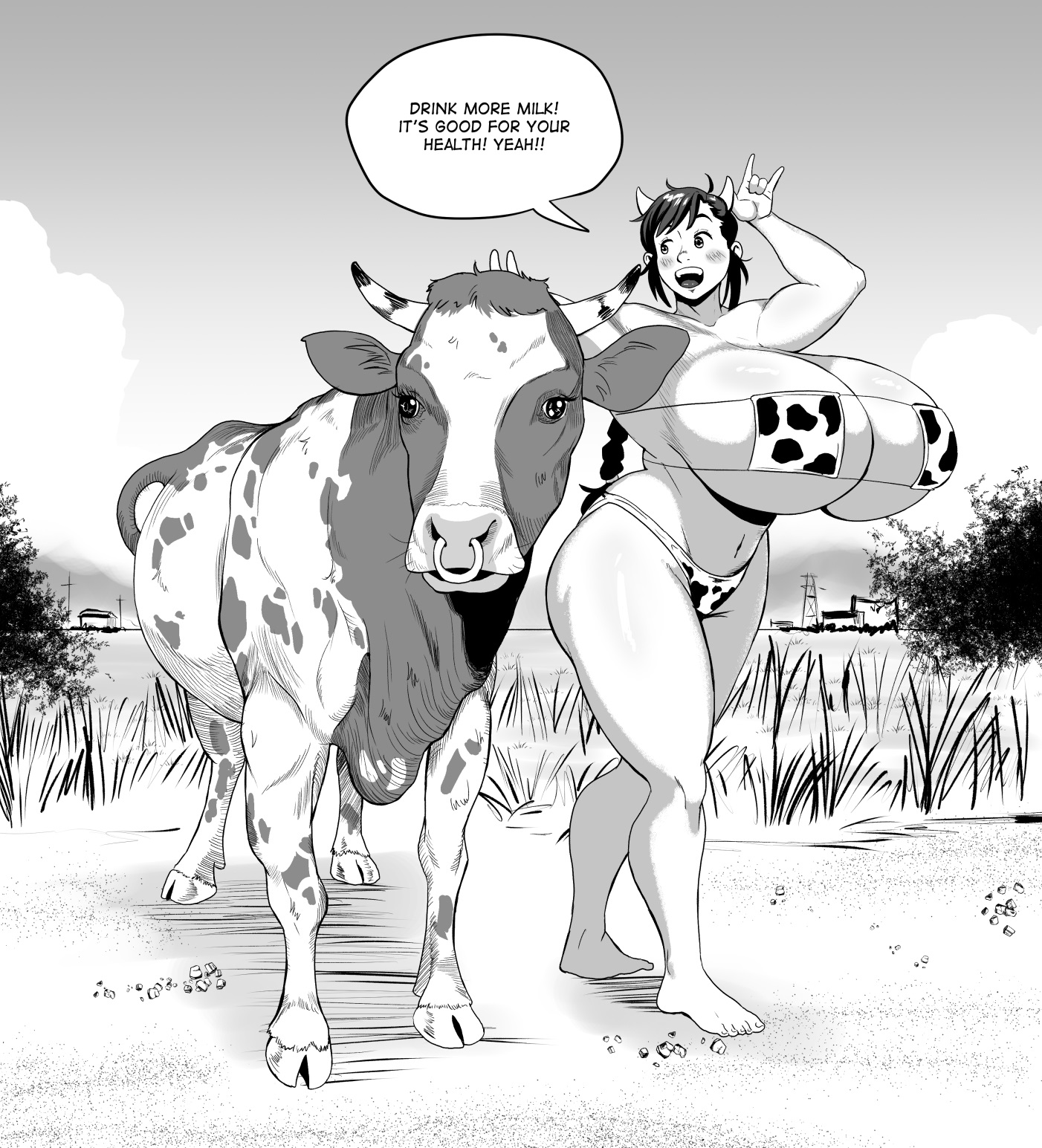 1girls, 2024, arms up, ass, barefoot, belly button, big ass, big breasts, bikini, bikini bottom, bikini top, black and white, black hair, blush, bovid, bovine, braid, breasts, busty, calves, cleavage, clothed, clothed female, clothes, clothing, cow, cow print, cow print bikini, curvaceous, curvy, duo, english text, eyepatch bikini, fake horns, feet, female, feral, front view, full body, gesture, gigantic breasts, greyscale, hair, happy, harorlood, horns, huge ass, huge breasts, human, large ass, large breasts, light skin, light-skinned female, long hair, marina (harorlood), monochrome, navel, open mouth, original, original character, outdoors, pose, posing, smile, smiling, speech bubble, standing, stomach, talking, teeth, text, thick thighs, thighs, toes, tongue, voluptuous, wide hips