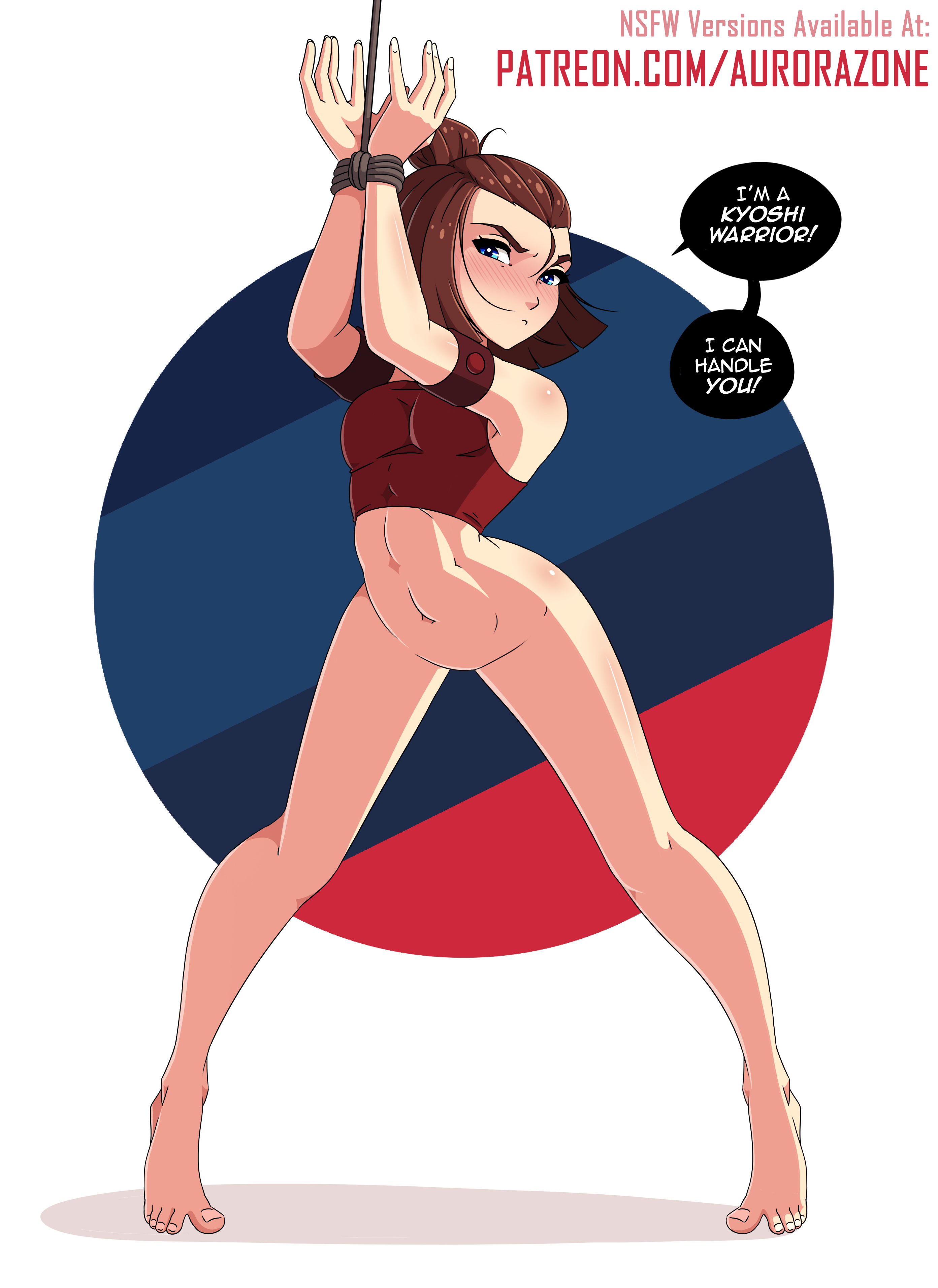 1girls, angry, angry sub, aurorazone, avatar legends, avatar the last airbender, barefoot, belly, belly button, blue eyes, blush, bottomless, bracelet, breasts, brown hair, dialogue, earth kingdom, feet, female, female focus, female only, femsub, fire nation, fire nation clothing, half naked, half-dressed, light skin, light-skinned female, no panties, no pants, nonbender, pale skin, pale-skinned female, solo, solo female, solo focus, suki, tied hair, tied hands, tied up, tiptoes, toned, toned female, tummy, undressed, wrists tied