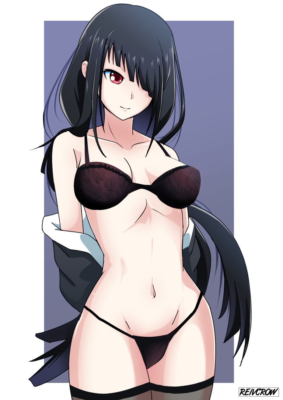 1girls belly black_hair breasts date_a_live female female_only light-skinned_female open_clothes red_eyes reivcrow school_uniform thighs tokisaki_kurumi underwear