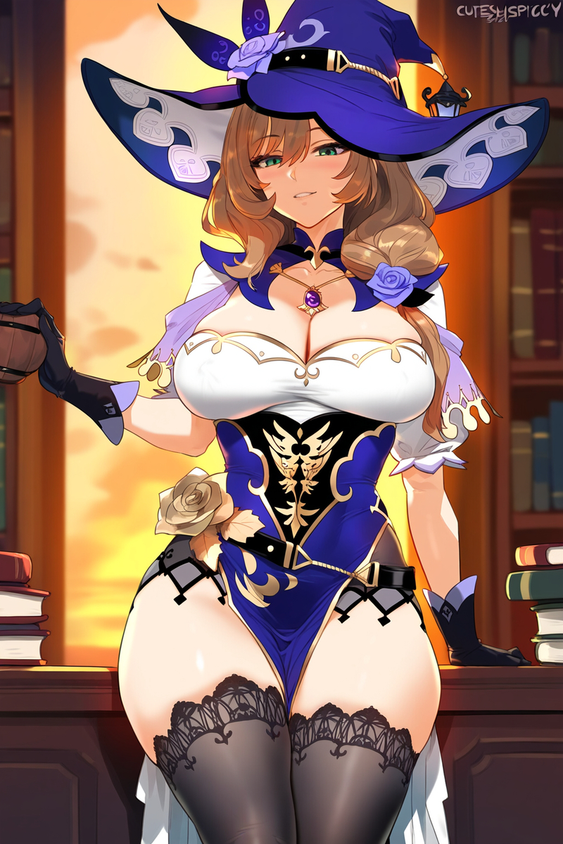 1girls ai_generated bare_shoulders big_breasts brown_hair clothed clothing color female female_focus female_only genshin_impact green_eyes hi_res laino_airt large_breasts light-skinned_female light_skin lisa_(genshin_impact) long_hair looking_at_viewer solo solo_female tagme thiccwithaq_(ai_style) thick_thighs